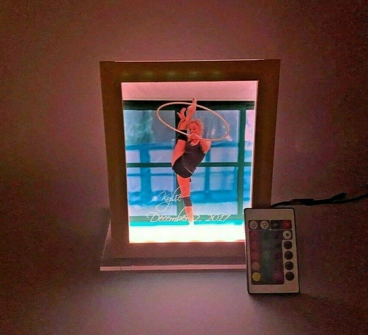 MIRROR MANIA Large Custom Free Standing Premium Wood Picture Photo Frame With Your Photo UV Printed LED 7" x 8.75" Table Light Personalized Laser Engraved With Remote, 16 Colors Changing - It's WOW
