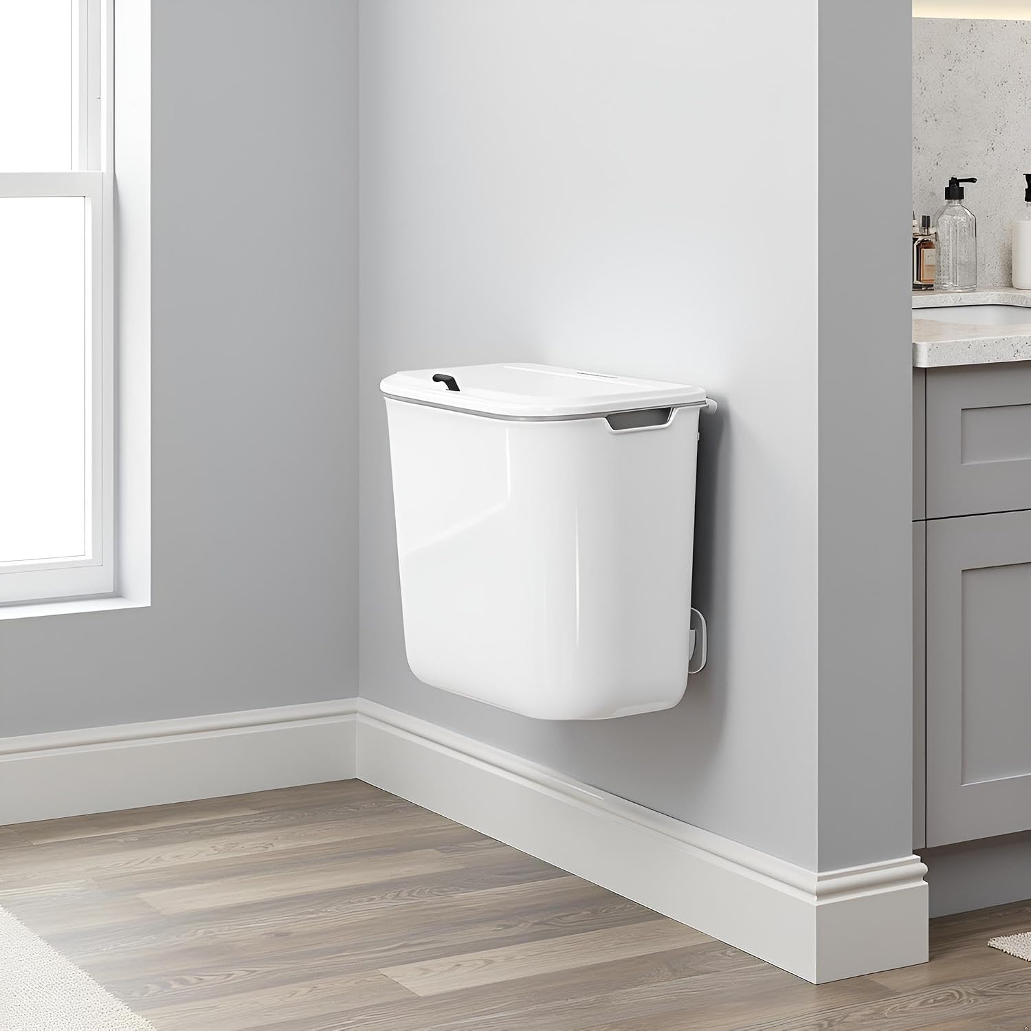 Wall Mounted Sliding Lid Trash Can, Compact Space-Saving Garbage Bin, Hanging Waste Basket for Kitchen & Bathroom (Pearl White, 7L)