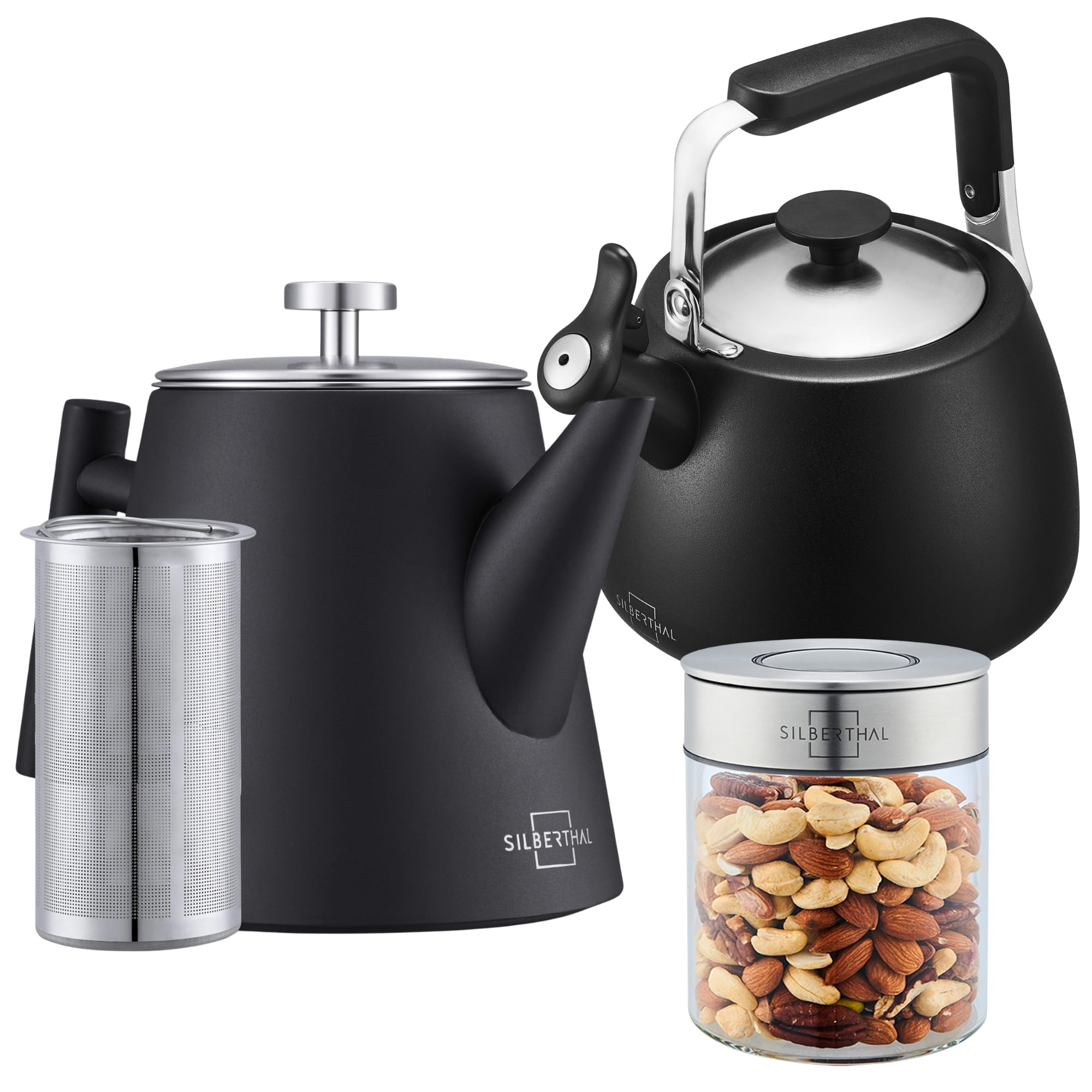 SILBERTHAL Teekannen 3er Set mit Wasserkocher Induktion und Vorratsglas | Für Teebeutel und losen Tee - aus Edelstahl & doppelwandig - Ideales Geschenkset für Teeliebhaber