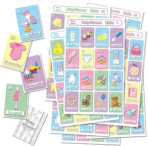 Miniatura 2 de More Fiesta Baby Shower Bingo en español, para 30 jugadores con fichas en una caja
