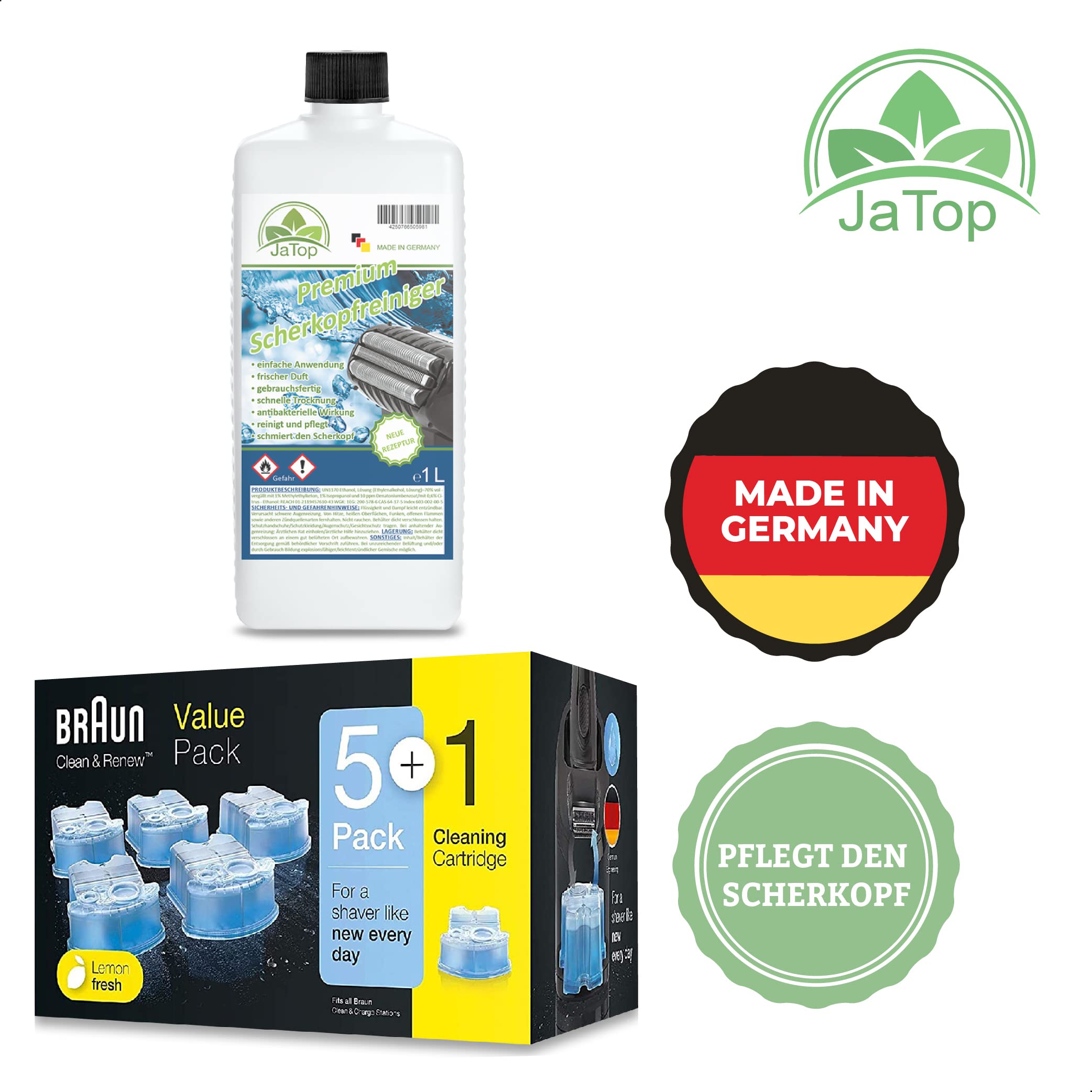 Original Braun Kartuschen Plus JaTop Nachfüllflüssigkeit 1l (6 Originale, versiegelte Kartuschen ohne Karton)