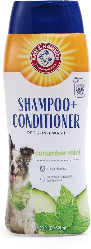 Champú y acondicionador para perros 2 en 1 Arm & Hammer, menta pepino, 20 onzas líquidas | Fórmula de bicarbonato de sodio, champú y acondicionador 2 en 1, aroma de pepino y menta, eliminador de olores