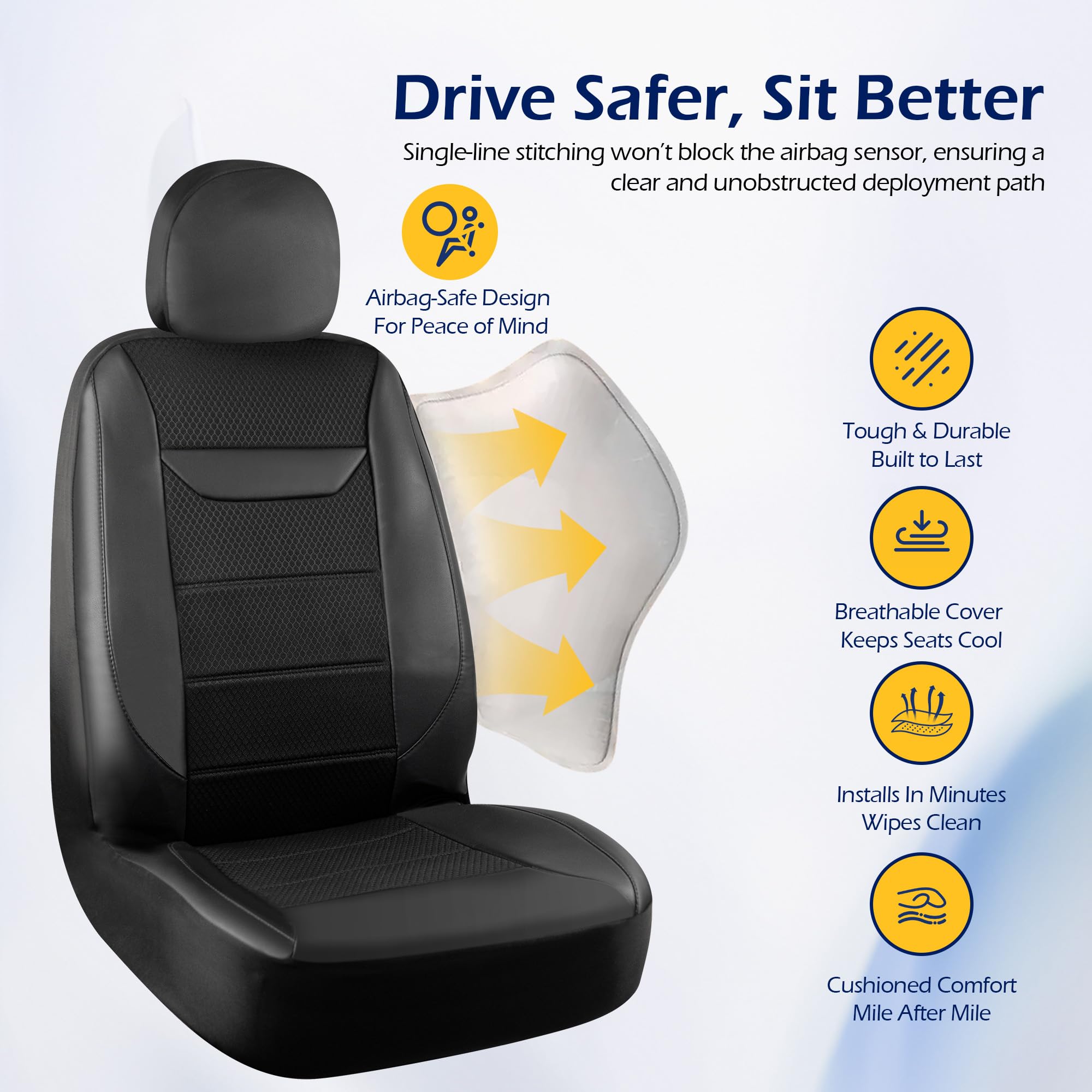 kingphenix 2 Pezzi Coprisedili Anteriori in Pelle con Schiuma Memory, Coprisedili Traspiranti 4D in Maglia, Facili da Installare, Compatibili con Airbag, Universali per Auto, Camion, Furgoni, SUV