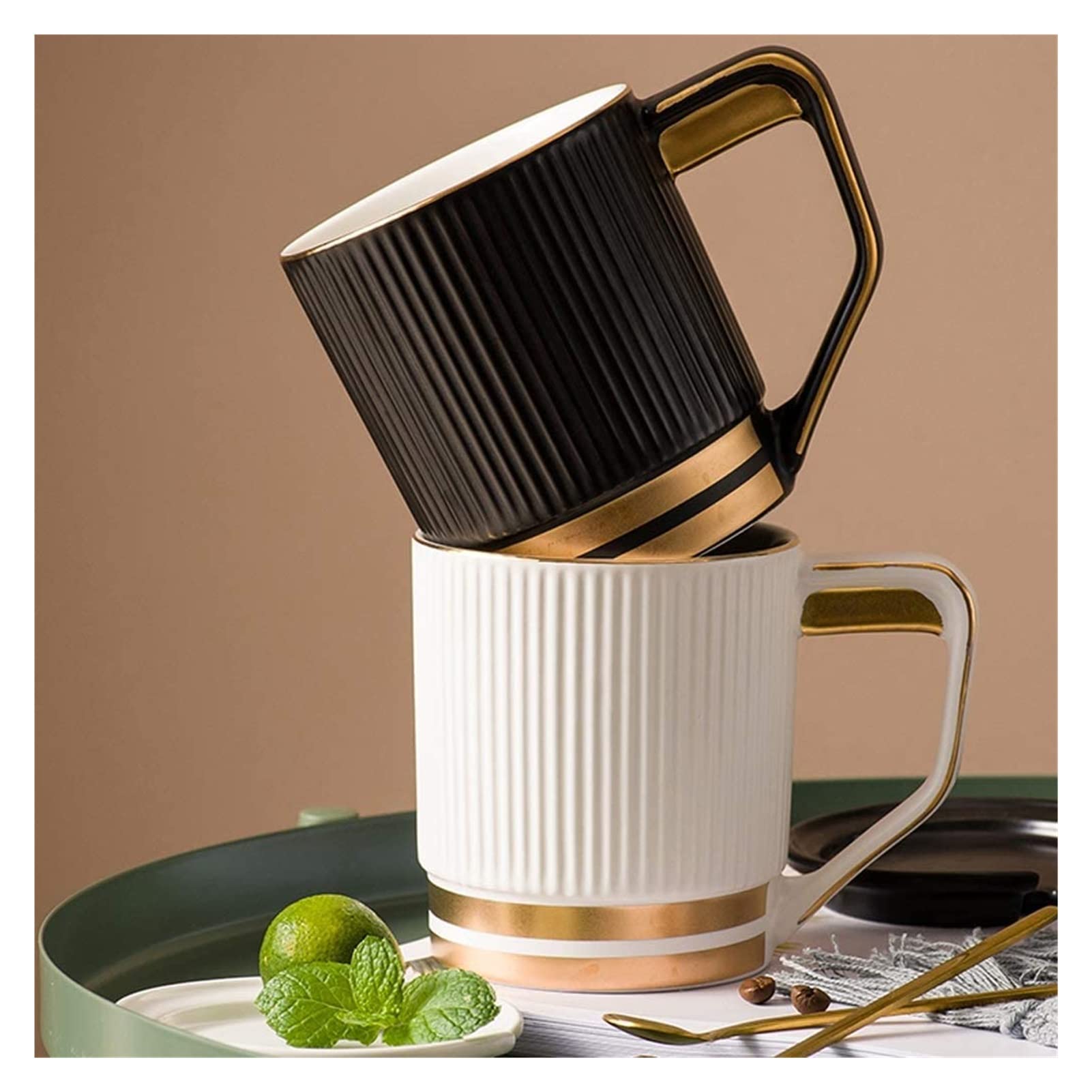 Taza de café de cerámica, taza de té para oficina y hogar, taza de café de cerámica con tapa y cucharadita dorada, decoración de borde dorado, taza de desayuno de gran capacidad, taza de té Wate