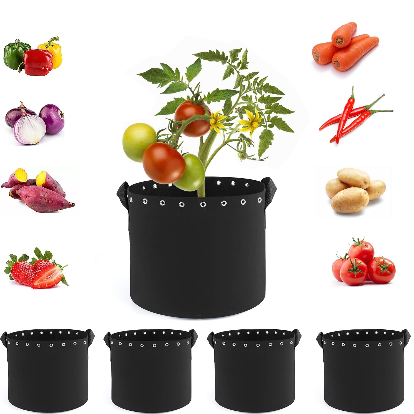 MAKINGTEC Plant Grow Bags, 5 Packs 5 Gallon Plant Grow Bags Thickened Non-woven Aeration Fabric Pots with Handles and Holes, 19 litres Plant Fabric Containers