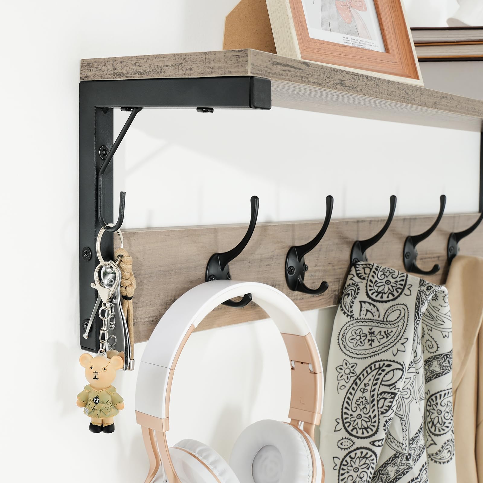 ACAZA houten Wandkapstok met 5 Haken - Compacte Muur Kapstok - Industriële stijl - Vintage Bruin/Zwart