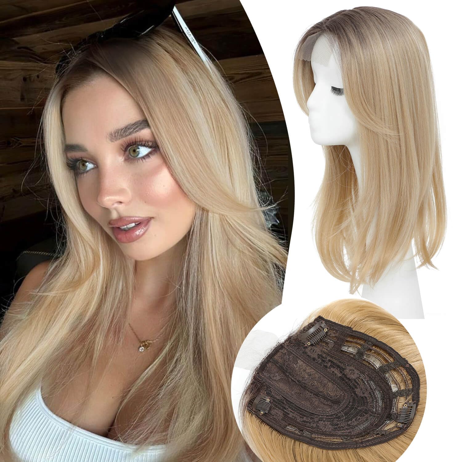 ms taj hair topper 18 inch hair toppers for women with thinning hair long layered 6.5"x6.5" synthetic toppers hair pieces for women fiber wiglets ladies(ombre blonde with dark root)