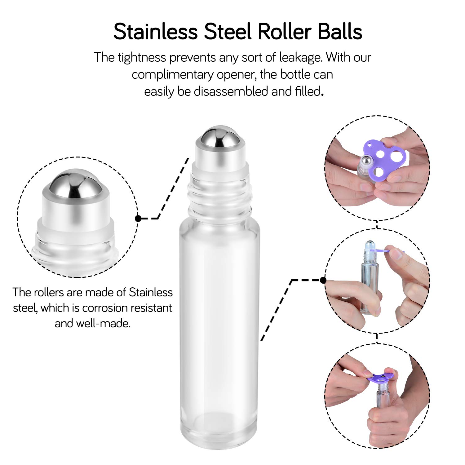 Essential Oil Roller Bottles 10ml ( Clear Glass Bottle with Silver Cap, 12 Pack, 2 Extra Stainless Steel Balls, 24 Labels, Opener, Funnels by ...