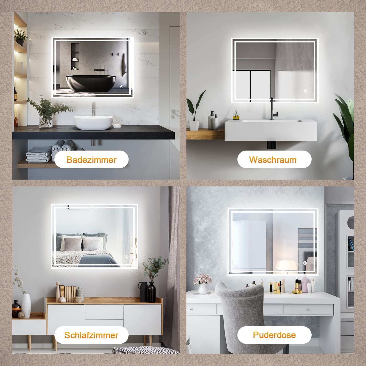 Borama LED Badspiegel 80x60cm mit Touchschalter, 3 Lichtfarben dimmbar, beleuchteter Wandspiegel