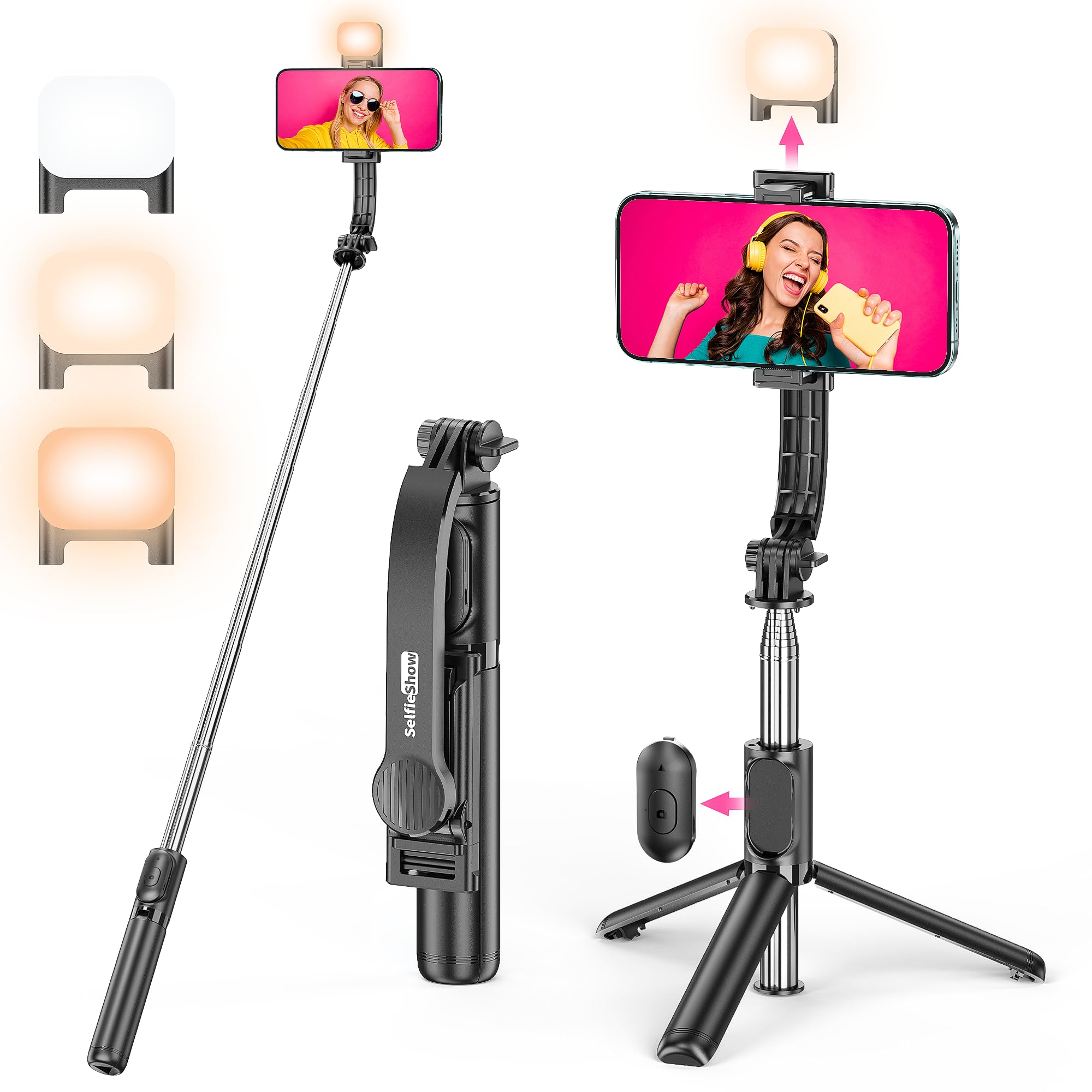 Statyw do selfie ze światłem wypełniającym, rozszerzalny statyw do selfie 4 w 1 z odłączanym pilotem, obrotowy o 360° przenośny statyw do smartfona kompatybilny z iPhone'em/Samsungiem