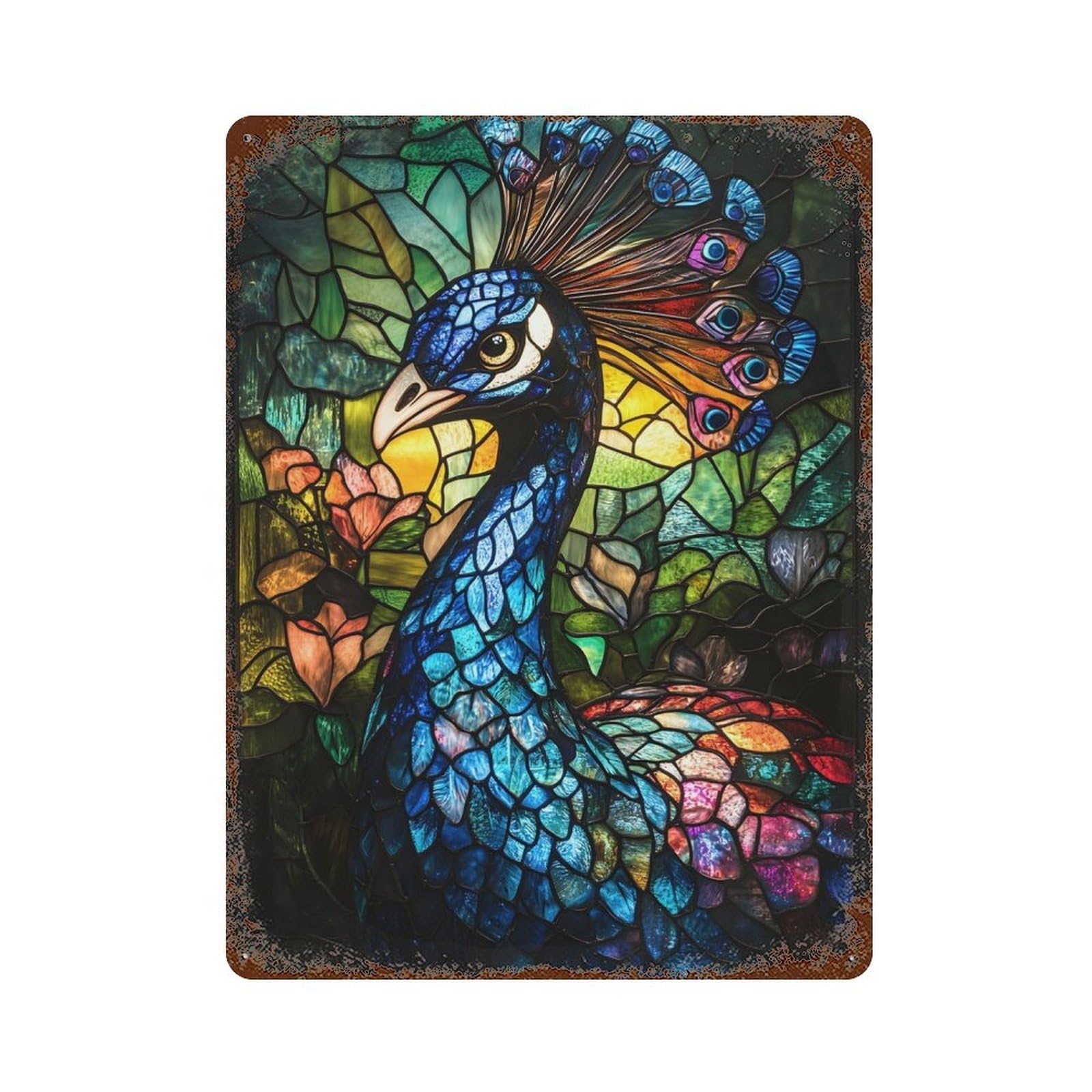 Stained Glass Peacock Vintage Wall Sign 15.7"x11.8", Rust Effect Metal Decor for Patio, Garden Room And Bar Decor