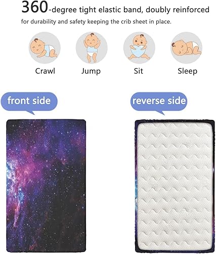 Miniatura 5 de Sábanas bajeras ajustables para cuna pequeña con temática de galaxia, sábana bajera suave para colchón para niños y niñas, 24 x 38 pulgadas, morado,