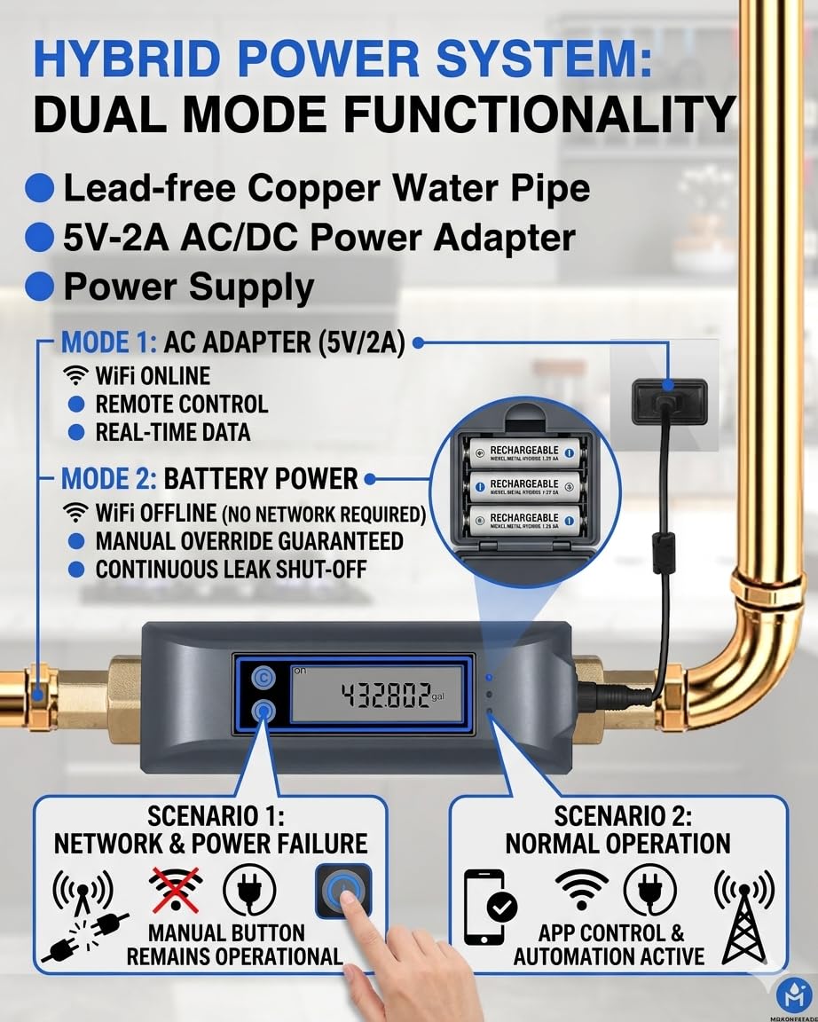 Válvula de Agua Inteligente Haozee WiFi con Cierre automático, Funciona con detectores de Fugas y medidores de Flujo, batería integrada, para tuberías de 3/4" DN20.