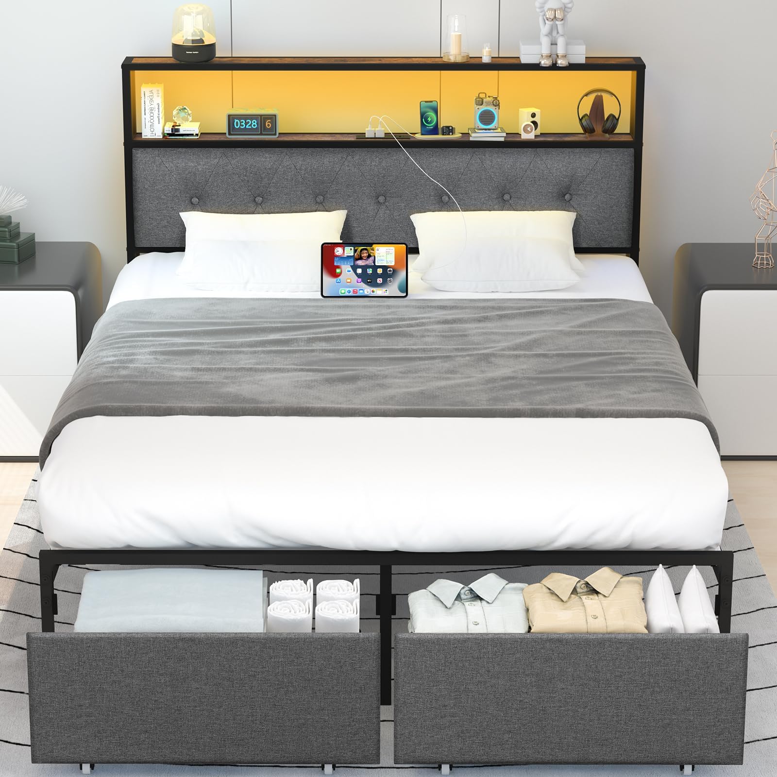 Yoobure Queen Bed Frame with Headboard, Platform Bed Frame Queen Size, Heavy Duty Bed Frames with 2 Storage Drawers, Bedframe with Charging Station & LED Light, No Box Spring Needed, Noise Free