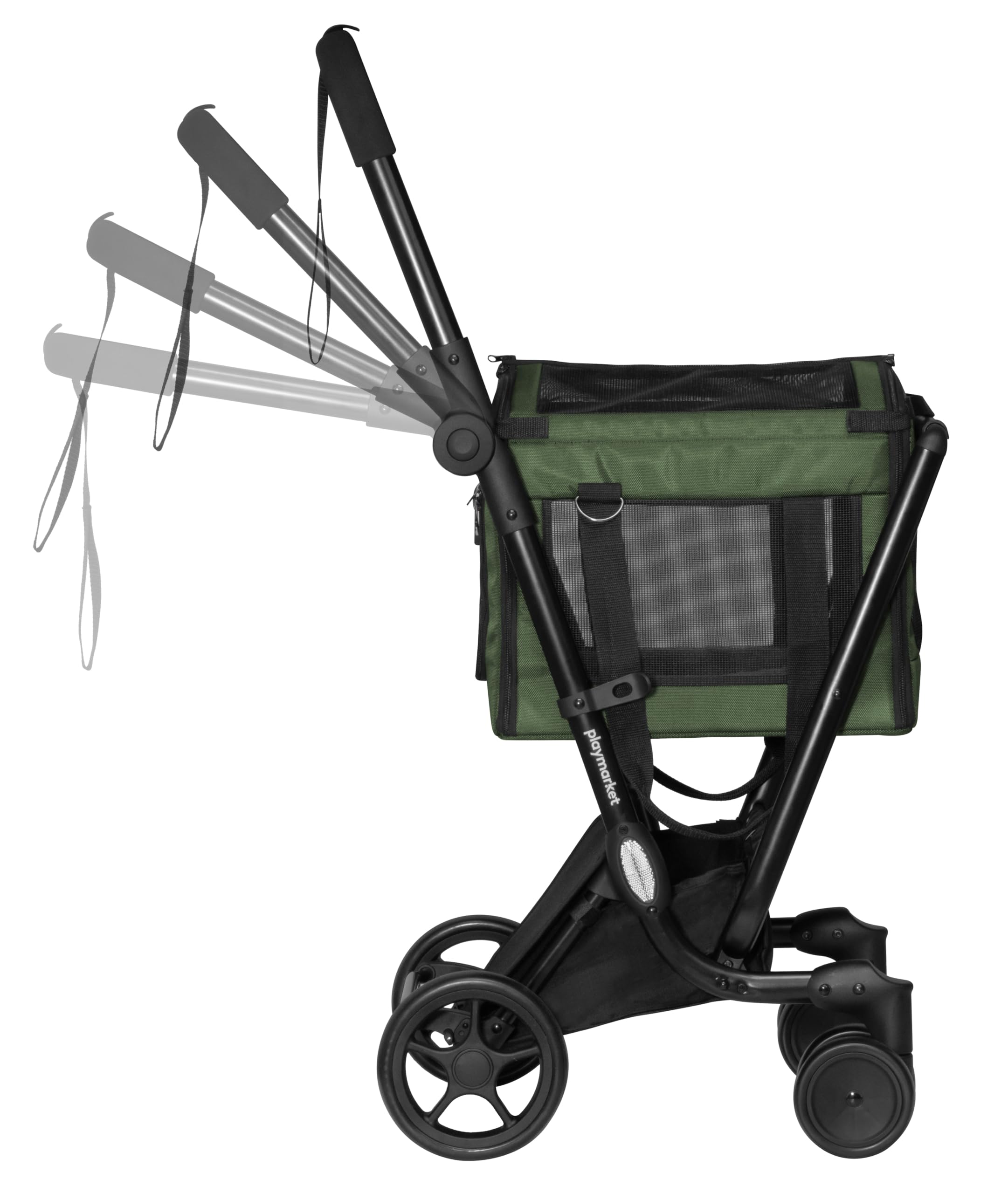 PLAYMARKET Easy go PETS Carrito para Perros 2 en 1, Bolsa de Transporte Plegable con Ventanas de Malla y Aperturas de Ventilación, Hasta 30 kg (mascota max. 6 Kg) - Color Olive (Oliva)