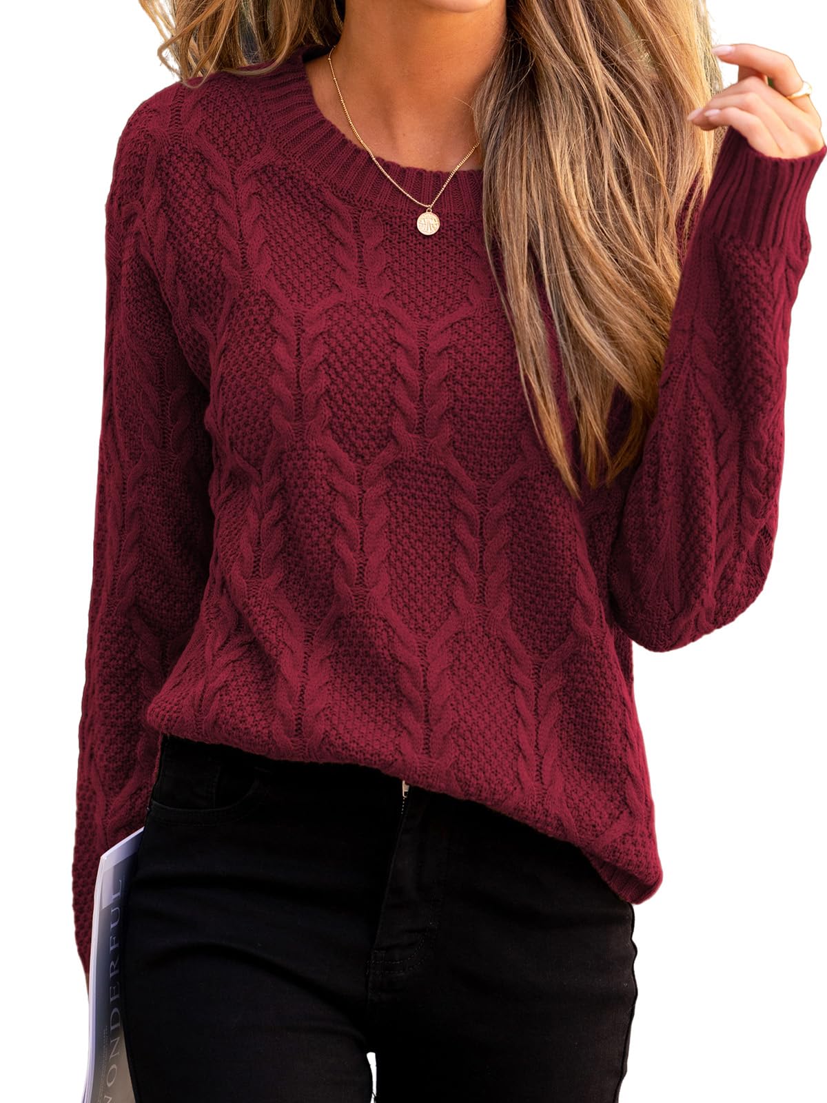 CUPSHE Women Fall Sweater Cable Knit Long Sleeve Crewneck Casual Winter Cozy Pullover Tops