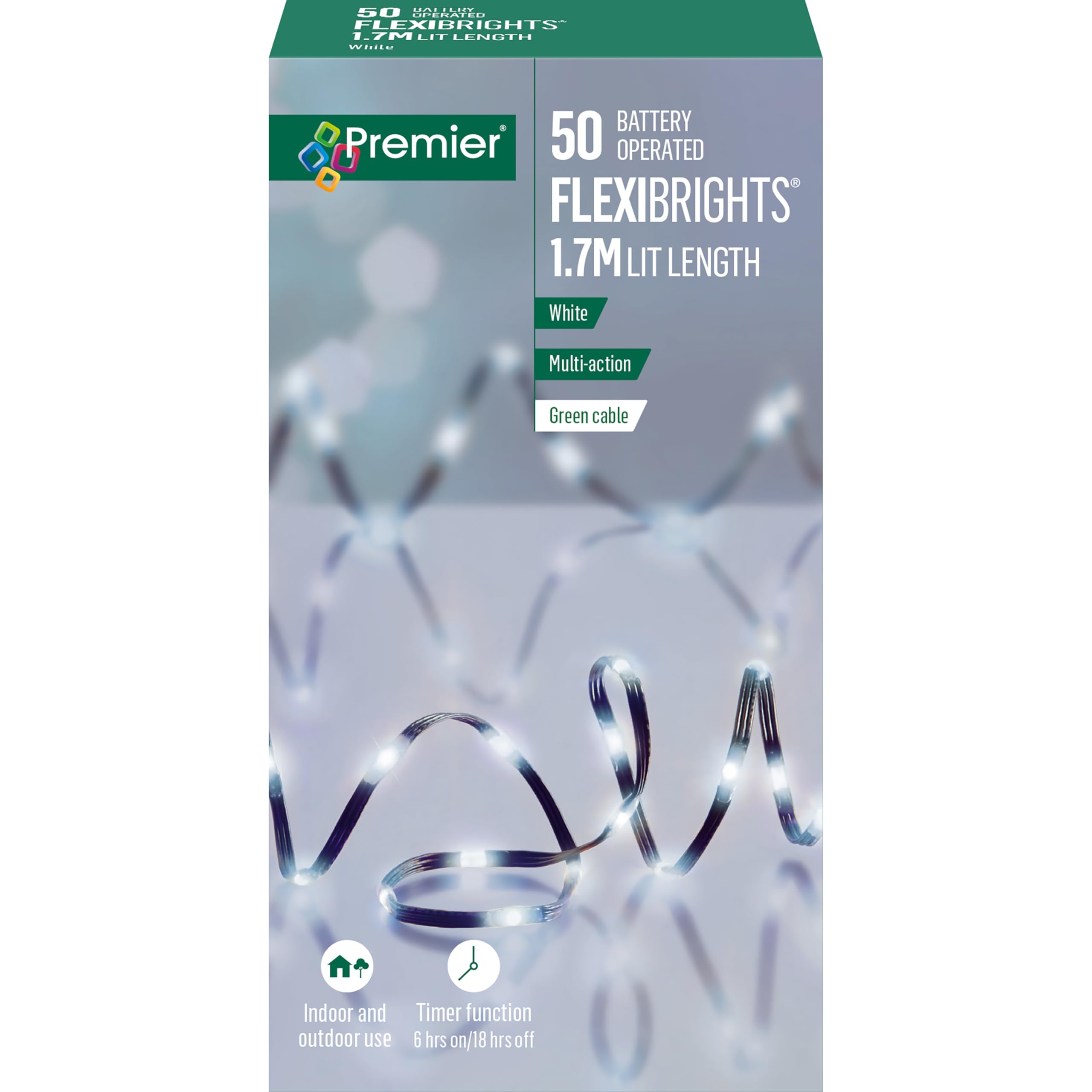 Premier 50 FlexiBrights Multi-Action White Lights, Battery Operated 1.7M Lit Length with Green Cable, Includes Timer Function, Indoor and Outdoor Use