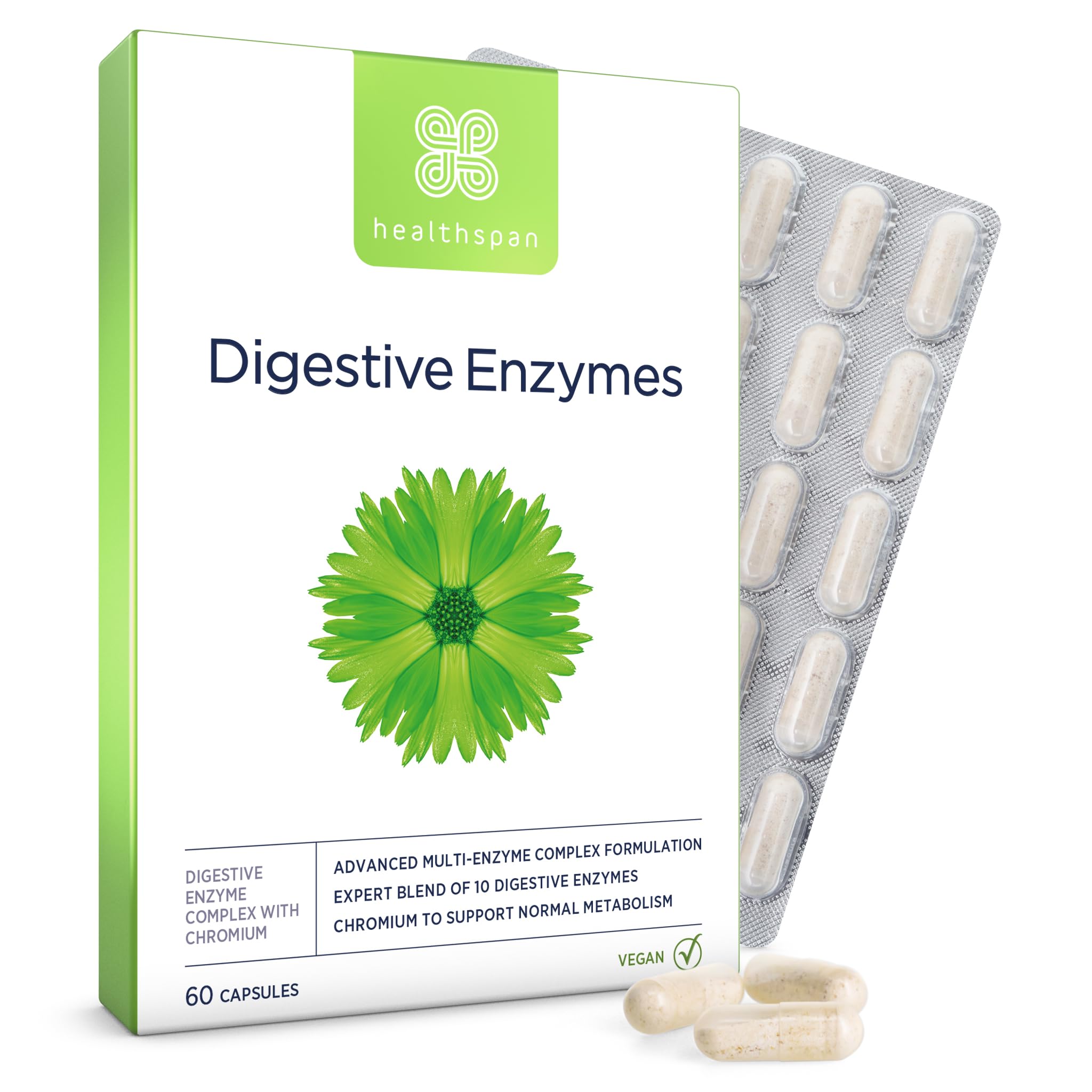 Healthspan Digestive Enzymes | 60 Capsules | Amylase | Lactase | Lipase | Protease | Added Chromium | Aids Digestion | Vegan