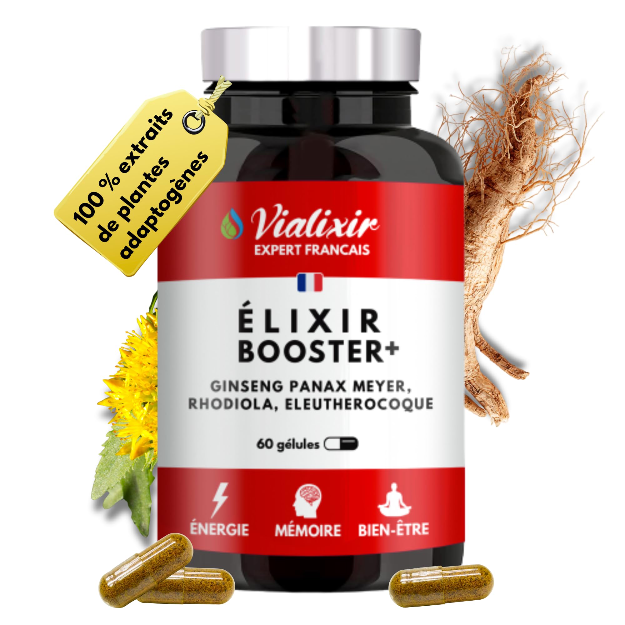 Extrait de Ginseng Rouge de Corée | Extra Fort 6000mg/jour 60 Gélules | Énergie, Vigueur, Circulation Sanguine Concentration | Panax Meyer 10:1 + Eleuthérocoque + Rhodiola | Qualité Française Vialixir