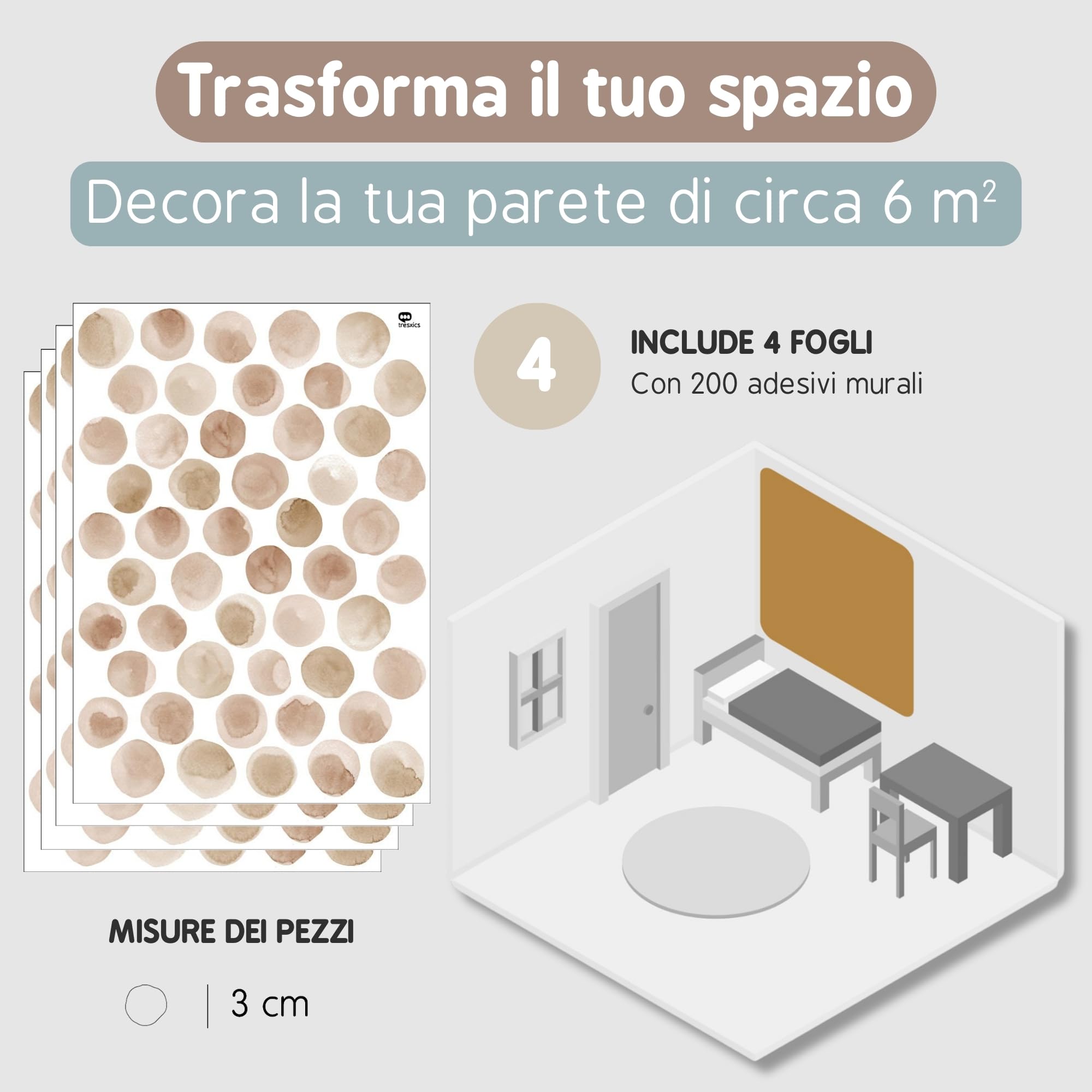 Adesivi Murali Bambini | Adesivi Cameretta Bambino Bimba Pois Acquerello | Effetto Carta da Parati Adesiva | Copre 6 m² | 200 pezzi | TRESXICS (Marrone)