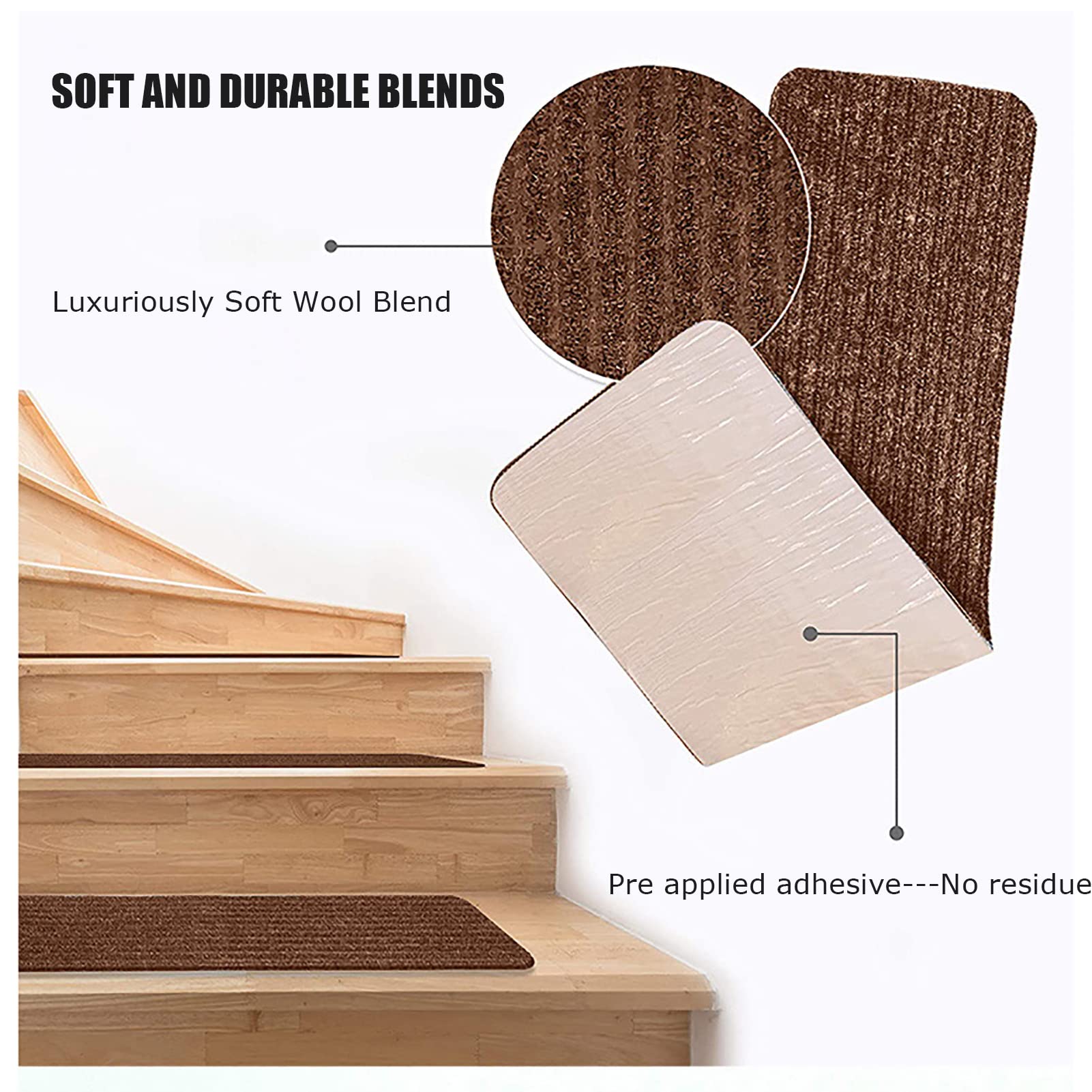Générique Tapis Escalier Moquette Lot de 15 Marches d'escalier Auto-adhésif Marchettes d'escalier Antidérapantes pour Marches en Bois
