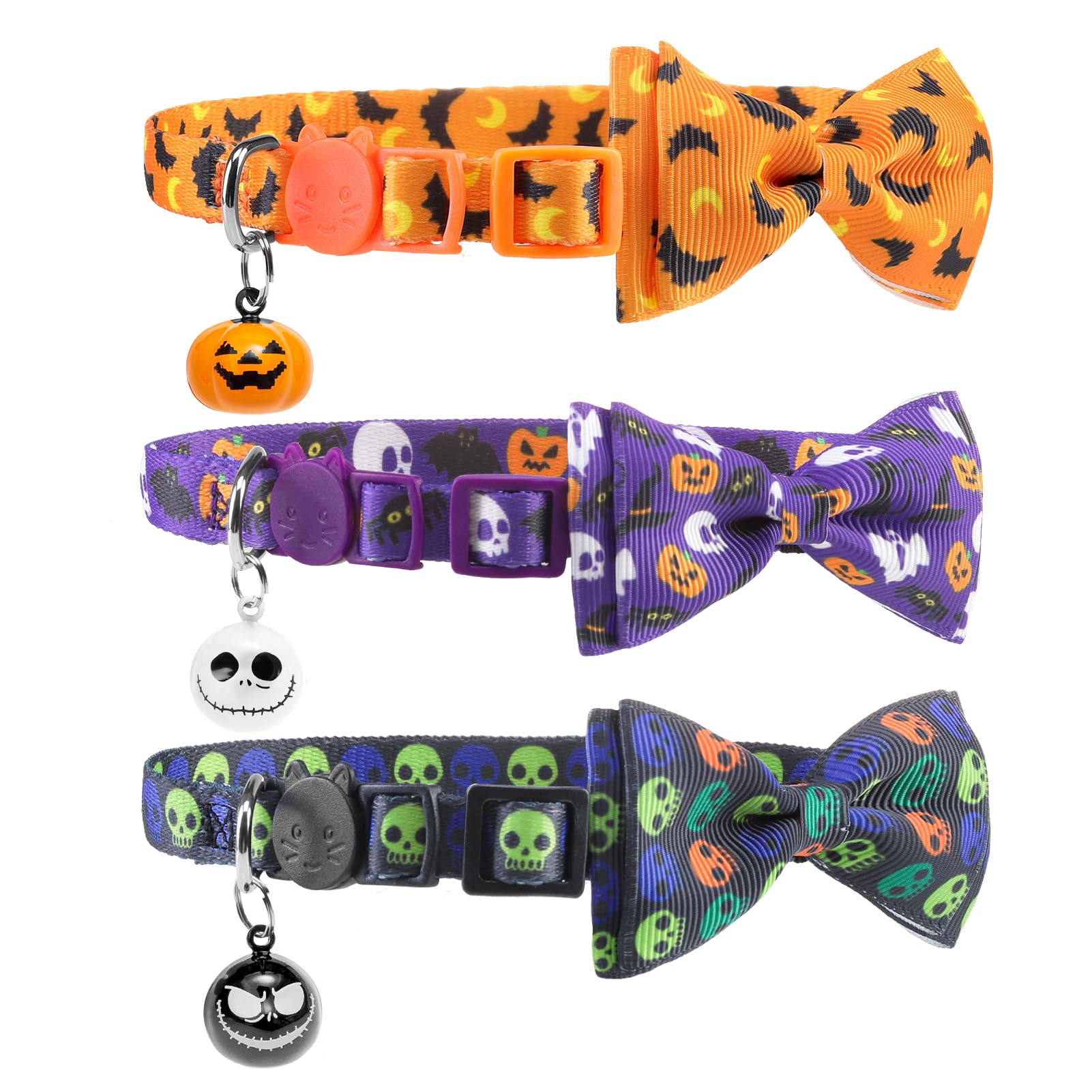 PUPTECK Halloween Bow Tie Cat Collar with Bell - Breakaway Safety 3-Pack, Adjustable Bowtie Kitten Collars for Boy & Girl Cats, Puppies, Bunnies and
