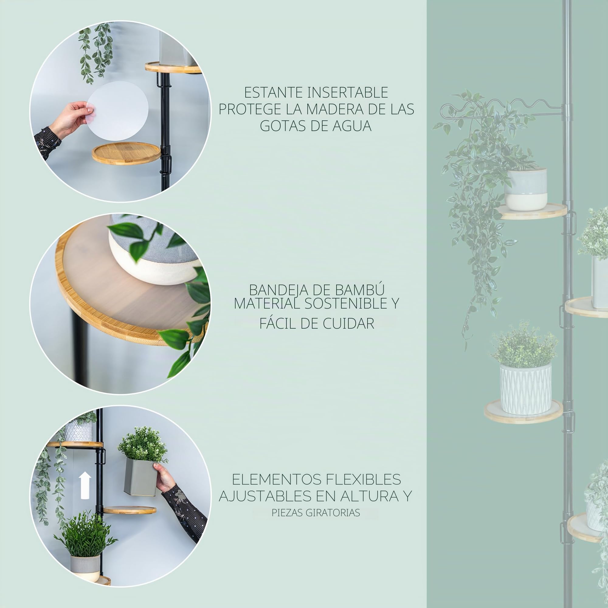bremermann Estantería telescópica para flores 4 estantes y soporte para trepar, versátil para usar en el salón, el baño o la cocina - altura variable de 140 a 290 cm, color negro