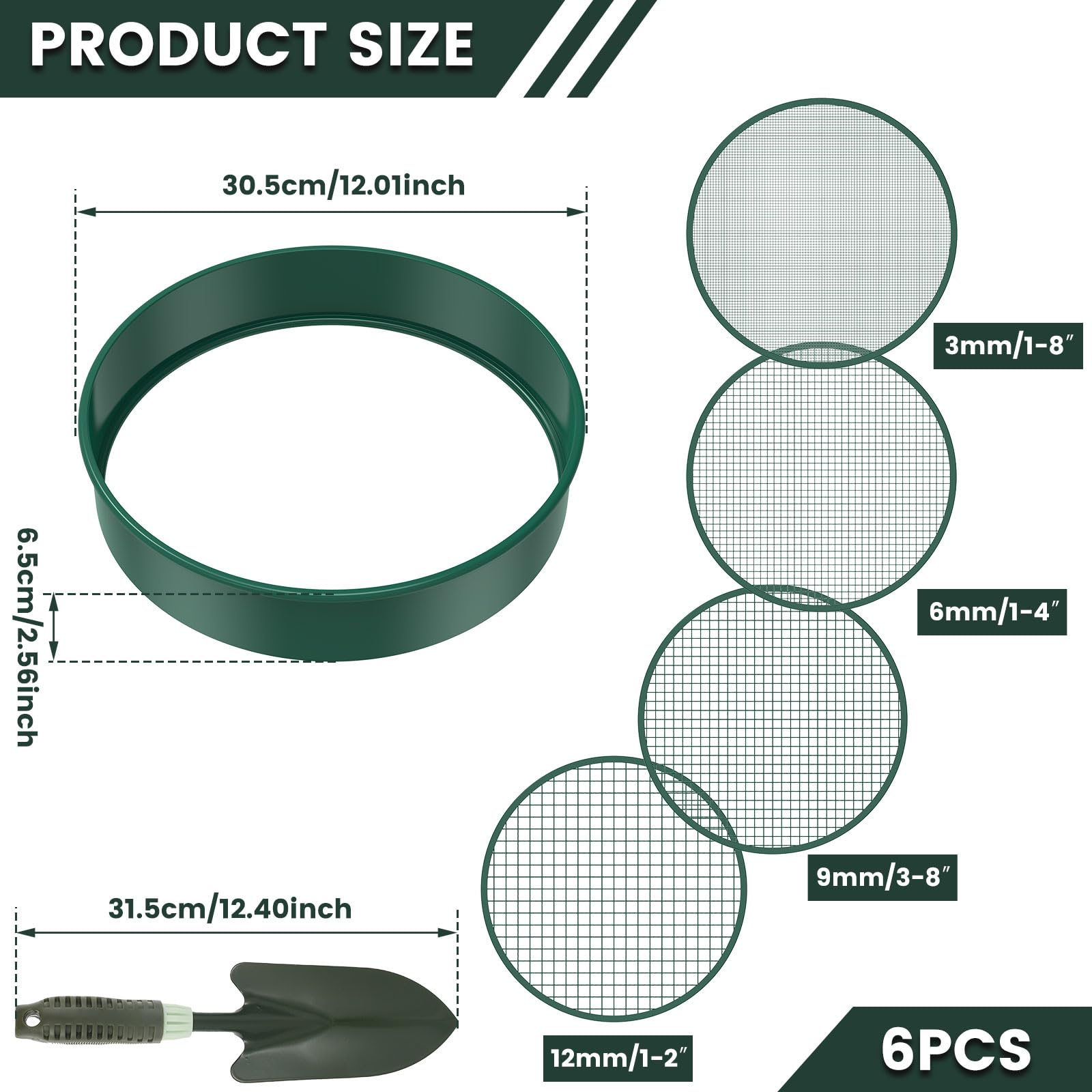 Lot de 6 tamis de jardin ronds de 30 cm avec 4 tamis interchangeables - Tamis à compost en acier inoxydable pour terre, compost, semences - Avec pelle de jardin