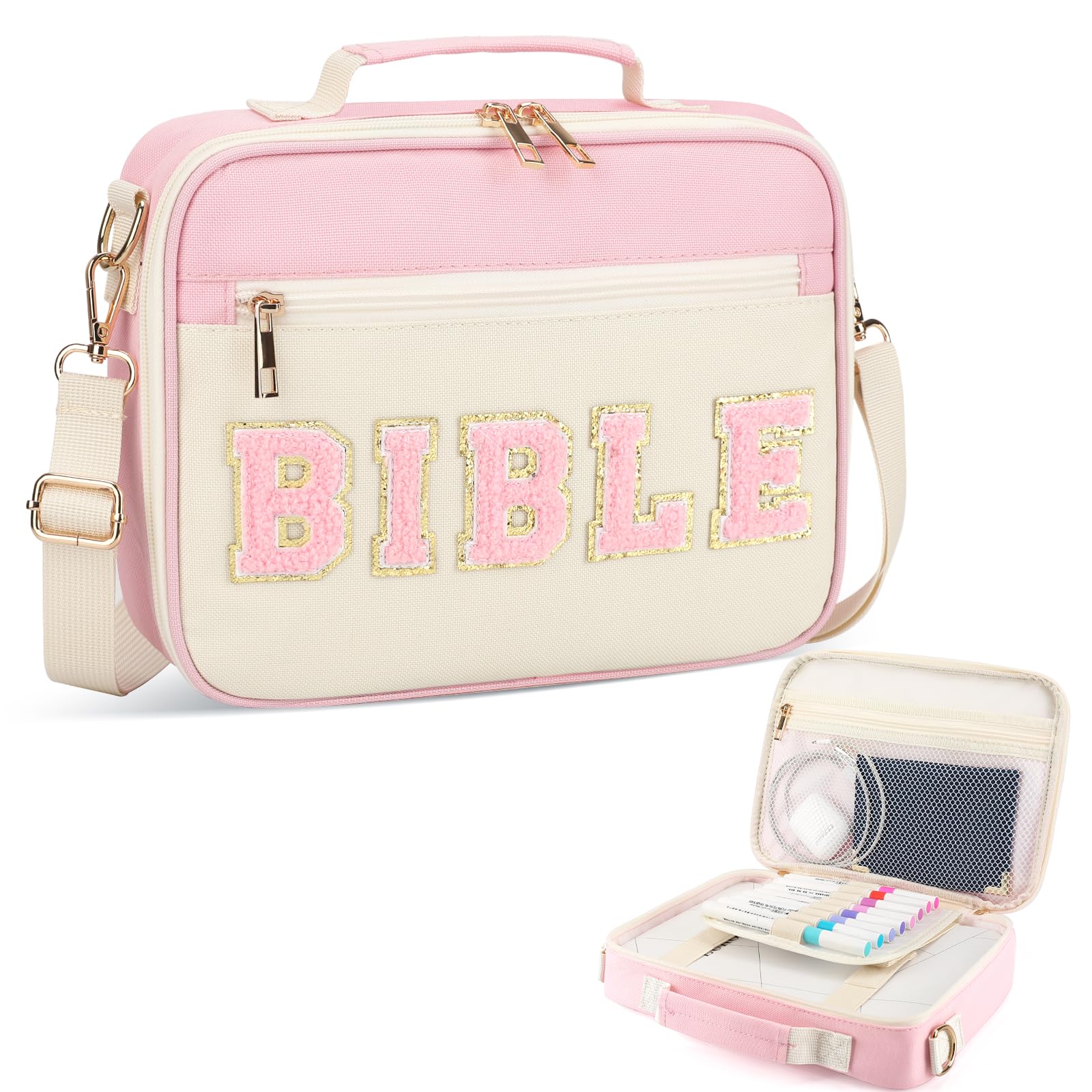 Bible Cover Case for Women Grils, Preppy Bible Bag with Adjustable Shoulder Strap, Waterproof Bible Carrying Tote Bags Holder for Bible Study Supplies
