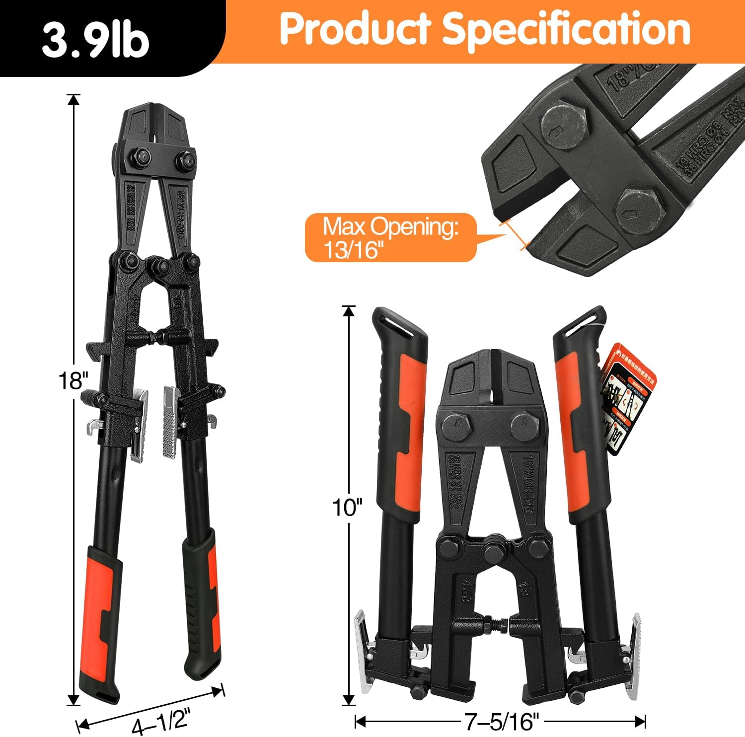 18" Bolt Cutter, Heavy Duty Foldable Bolt Cutter, Chrome Molybdenum Steel | for Cutting Locks, Steel Wire, Chains