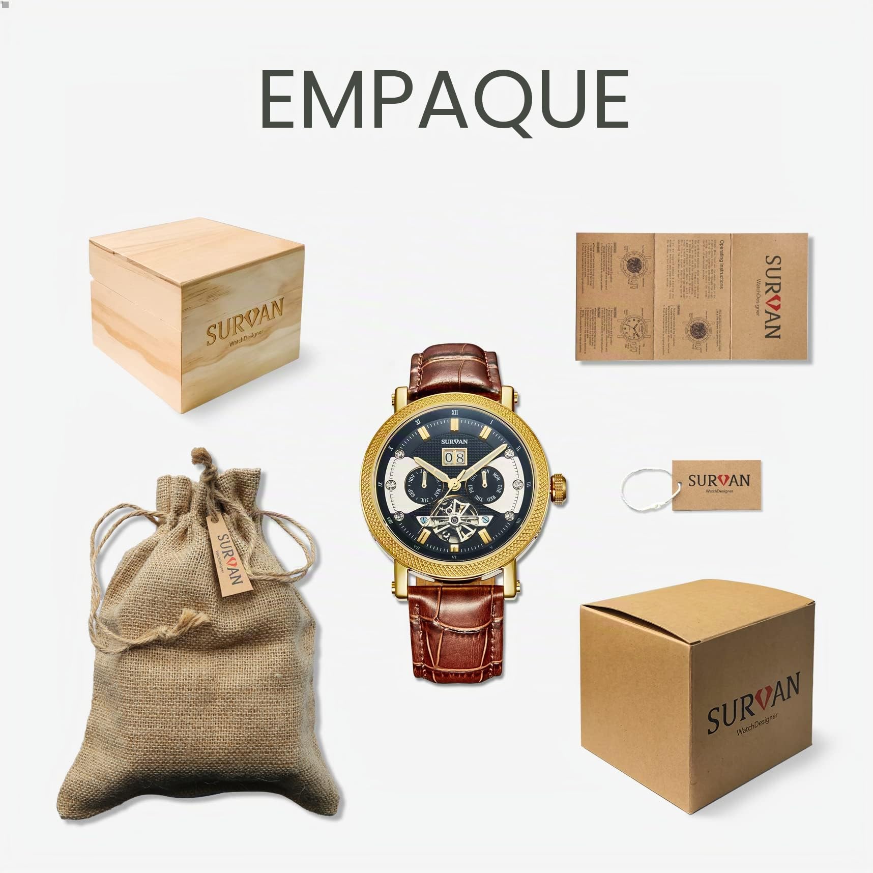 Reloj mecánico automático de Esqueleto con Espejo de Cristal de Zafiro para Hombres con Caja de Acero Inoxidable chapada en Oro de 18 Quilates con Correa de Cuero Genuino