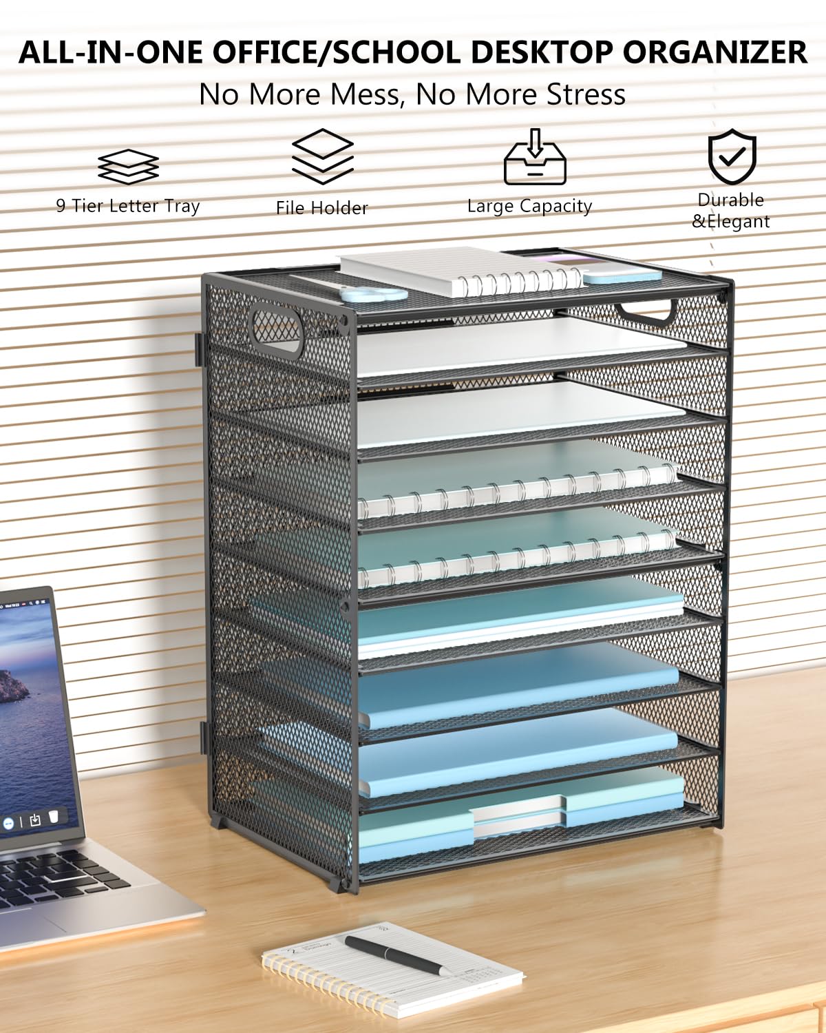 WALI Desk File Organizer, 9 Tier Desktop Paper Letter Tray Organizer with Handle, Office Desk Accessories & Workspace Organizers for Office, Home, School Supplies, 1 Pack, Black view 3