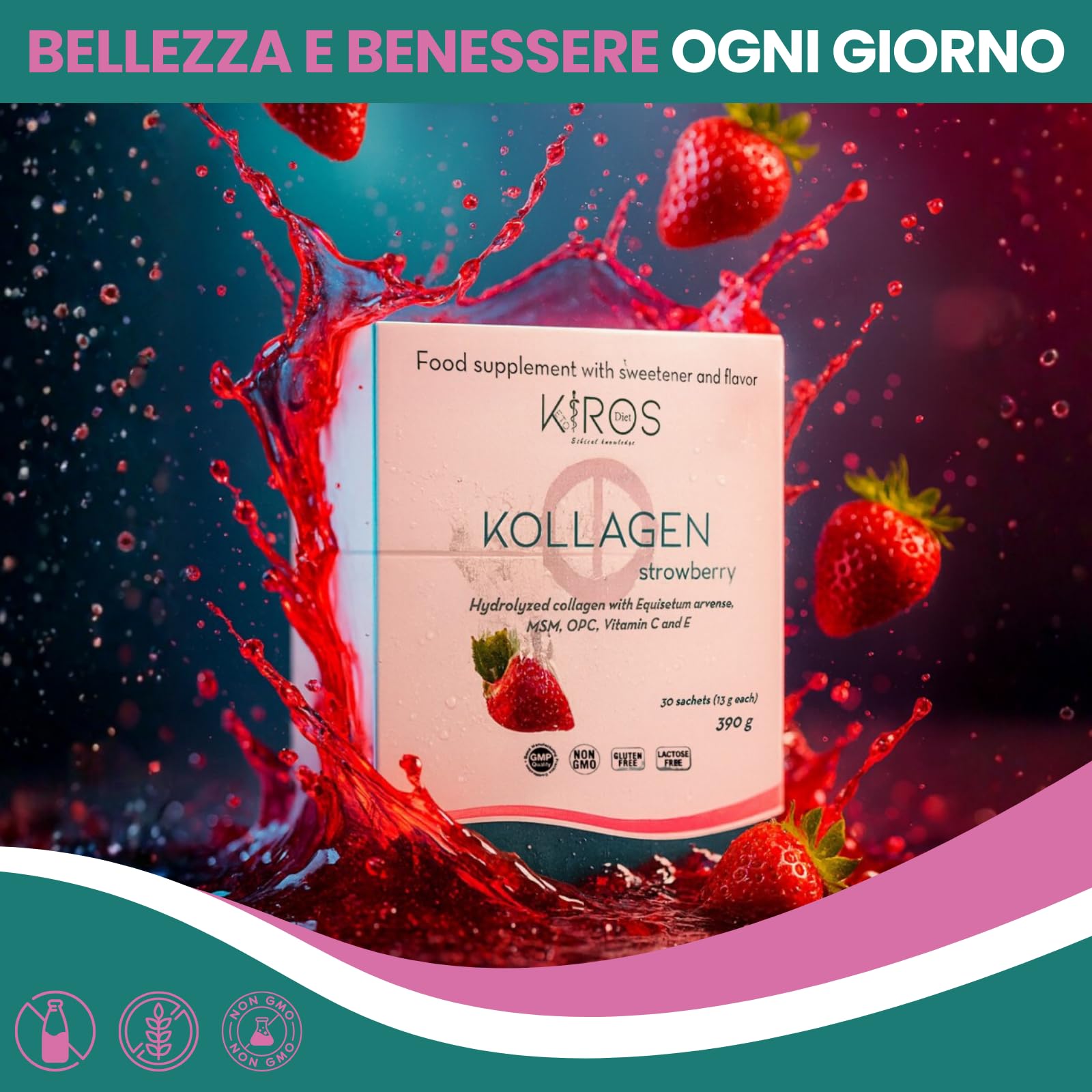 KIROS KOLLAGEN STRAWBERRY – 30 Bustine - Gusto Fragola | Collagene Idrolizzato 10g con Vitamina C, MSM, Silicio ed Equiseto – Integratore per Articolazioni, Pelle, Capelli e Unghie