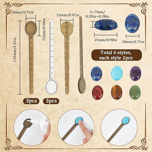 Miniatura 2 de SUNNYCLUE Juego de 6 marcapáginas de metal para bricolaje, 12 unidades, piedra natural, cabujones ovalados, regla, marcapáginas, marcapáginas,