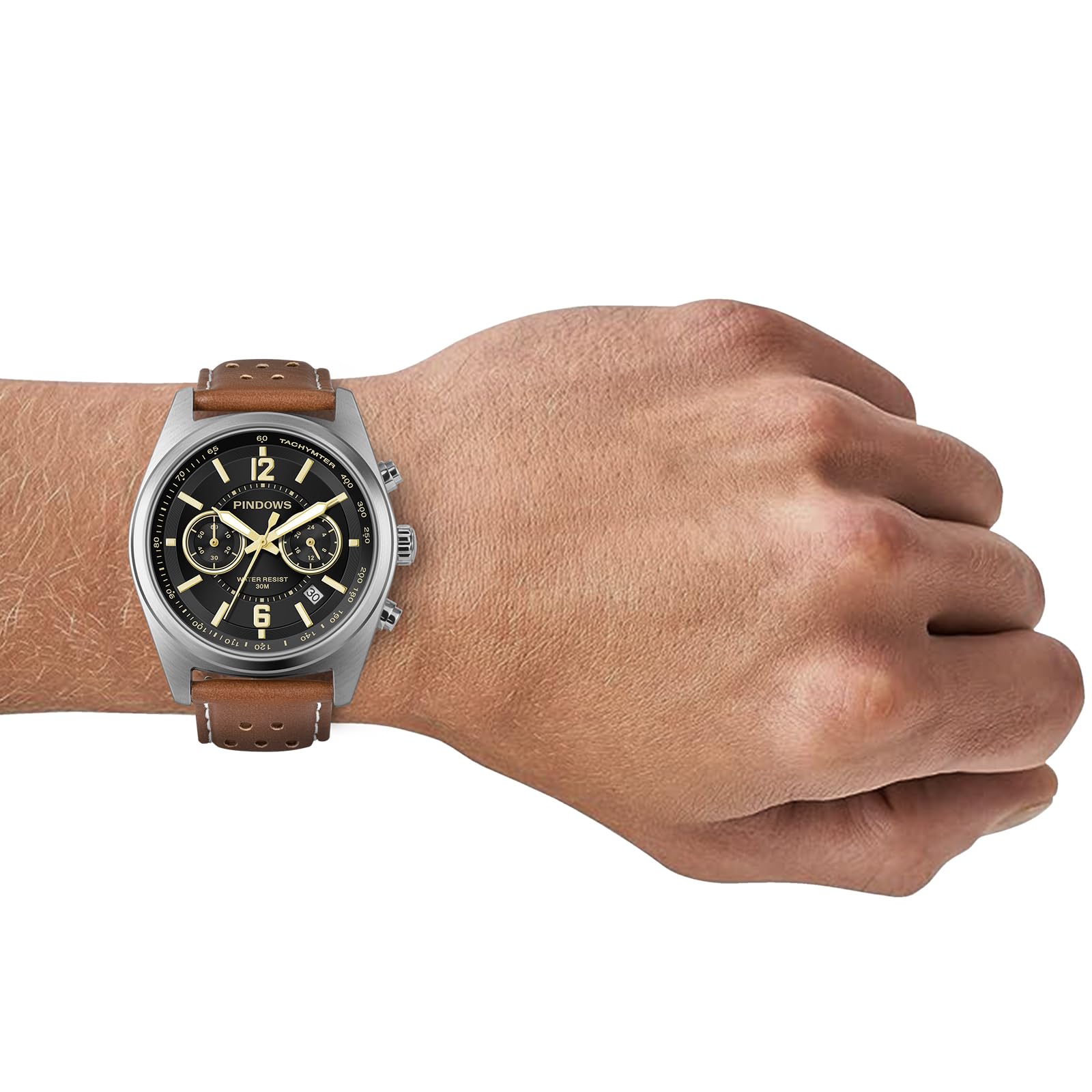 PINDOWS Orologio da polso da uomo, in pelle nero-marrone, cronografo, orologi al quarzo alla moda