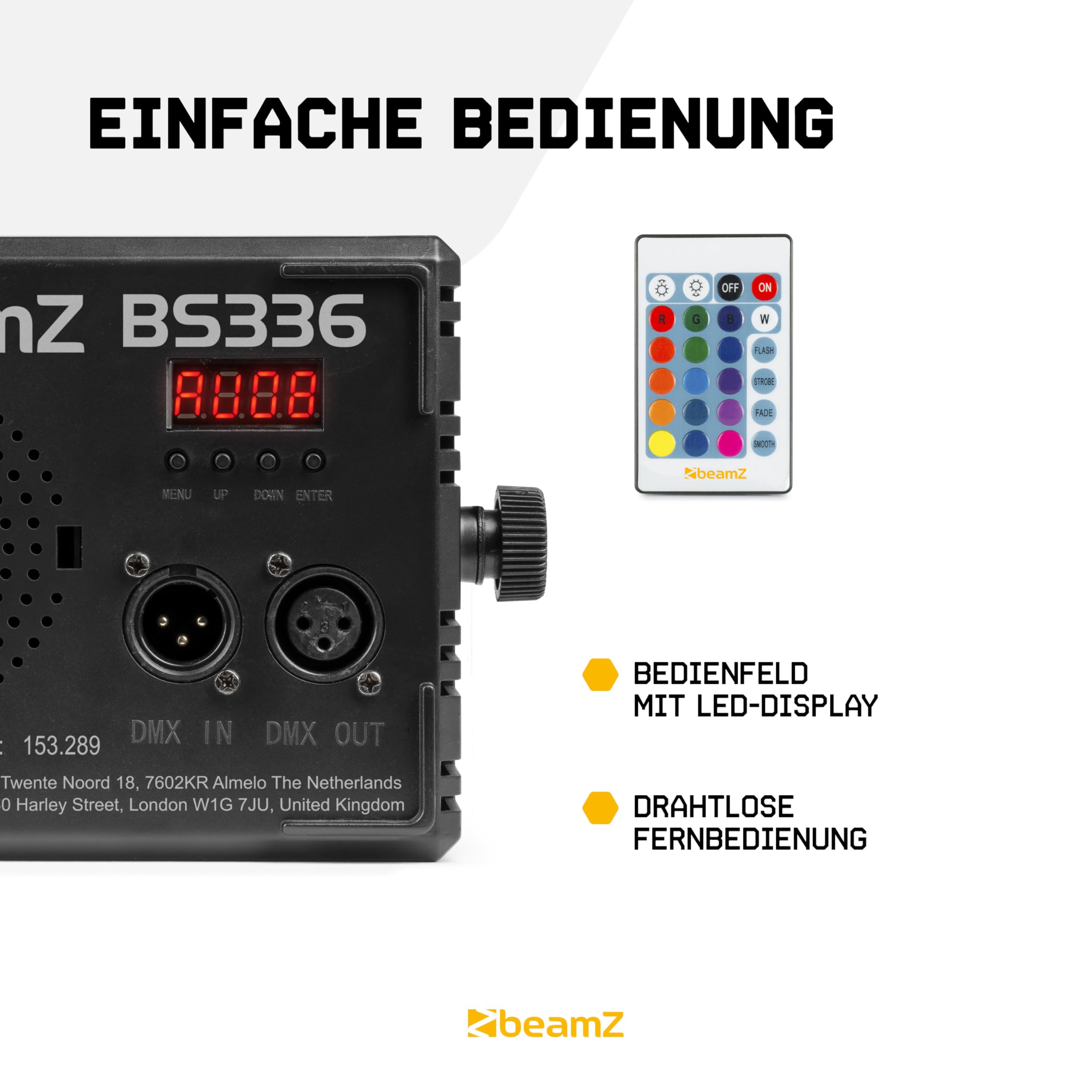 BeamZ BS336 - Stroboskop Blitzer, Blinder Wash Kombi mit RGBW LEDs – 3-in-1 LED Lichteffekt, Fernbedienung, DMX Steuerung, Disco Licht & Party Lichter für Events, Clubs & Partys
