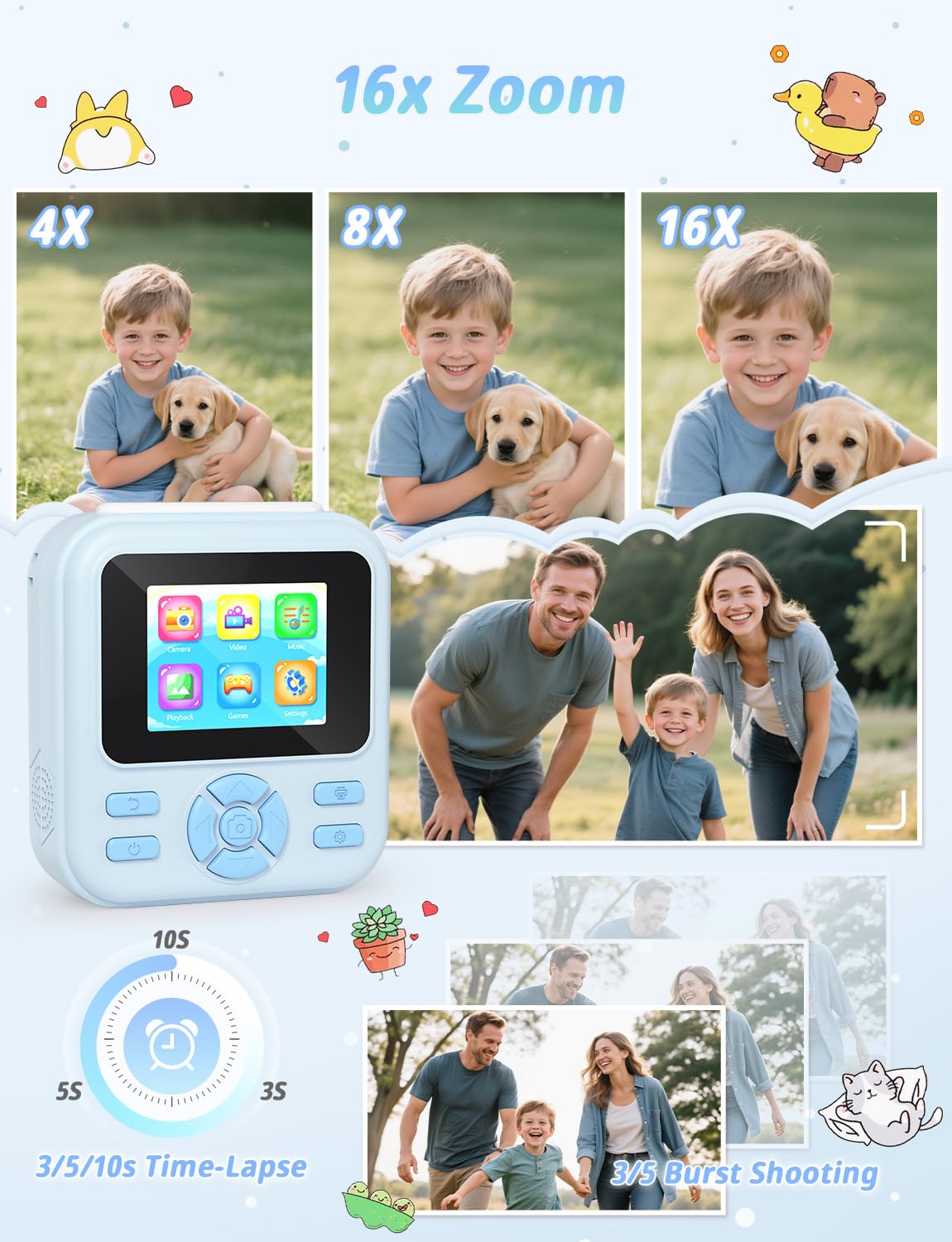 YOHOOLYO Aparat natychmiastowy dla dzieci, 2,4-calowy aparat natychmiastowy dla dzieci z kartą 32 GB i 3 rolkami papieru, cyfrowe zabawki wideo HD 1080P-niebieski