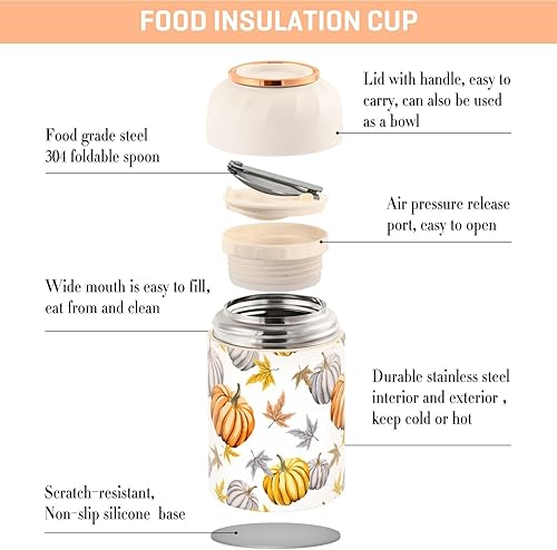 Miniatura 4 de Tarro de comida de calabazas con cuchara de acero inoxidable aislado al vacío, contenedor de alimentos de 17 oz para sopa termo para comida caliente