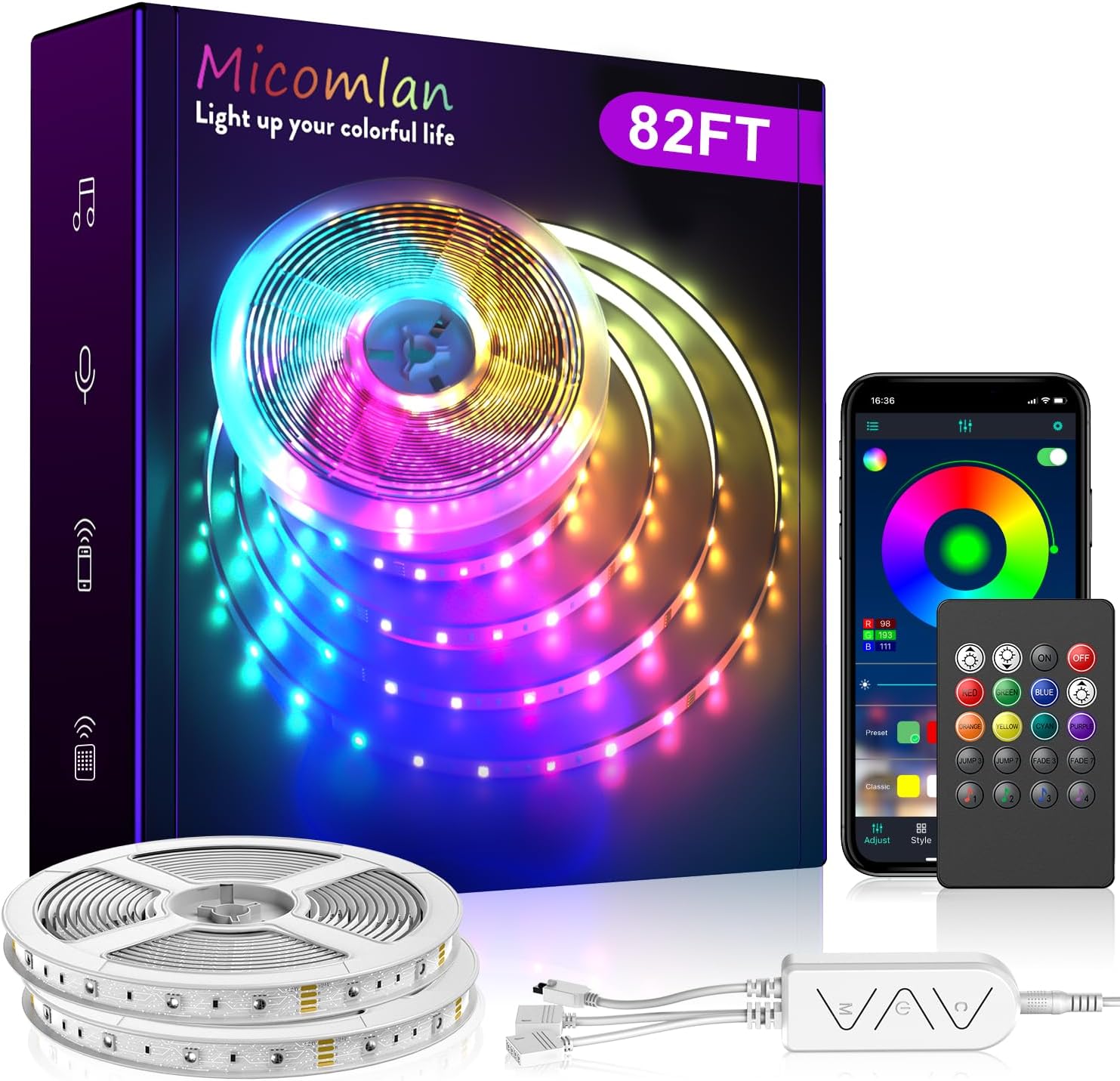 Micomlan 82Ft/25m LED Strip Lights, Music Sync Color Changing RGB LED Strip Built-in Mic, Bluetooth APP Controlled Home Lighting for Living Room Kitchen (APP+Remote+Mic+Music)