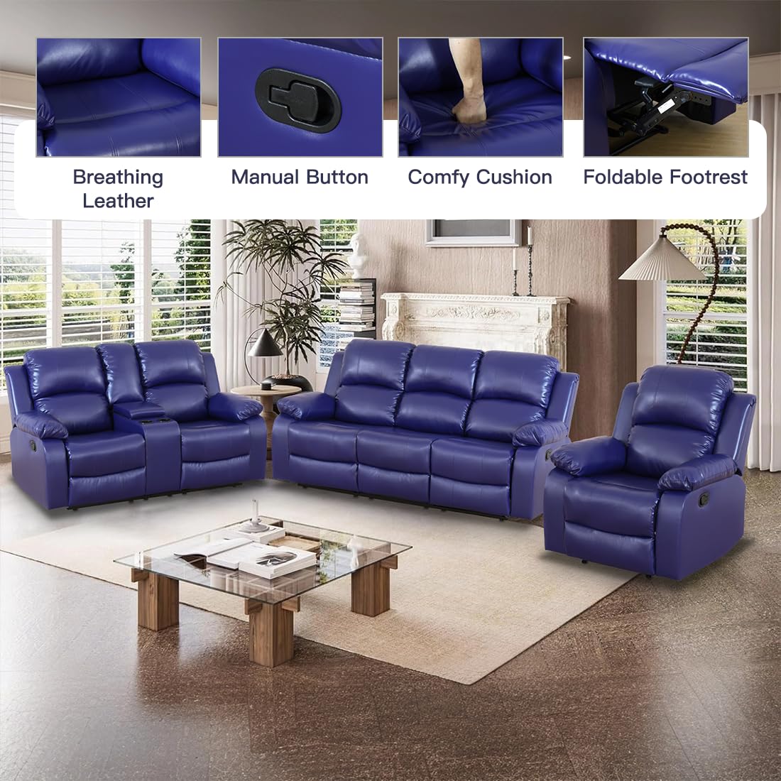 Toseslo Manual Reclining Couch Sofa Set with Drop-Down Table, 3 Pieces Blue Leather Recliner Couch Sets, Living Room Furniture Sets, Recliner Sofa with Storage Console/Cup Holder for Home/Apartment view 3