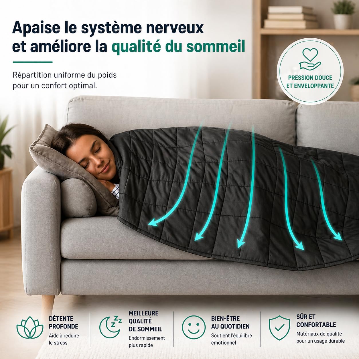 Couverture Lestée Thérapeutique, 9 kg, Gris, Microfibre 7 Couches, 150x200 cm, Anti-Stress et Insomnie, avec Billes de Verre, Certifiée Oeko-TEX