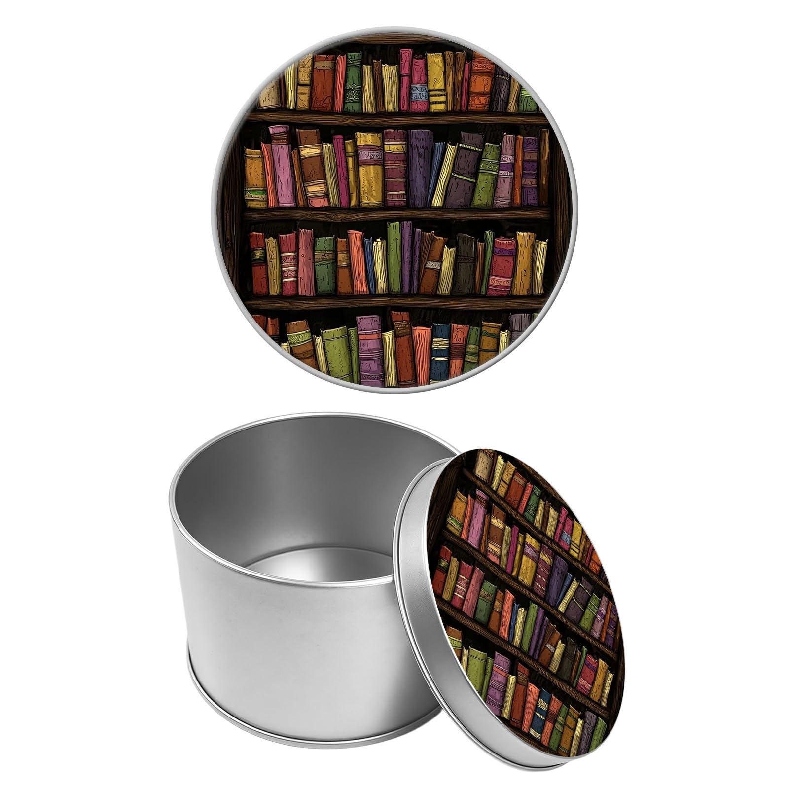 Round Metal Tin Container with Removable Lid, Bookshelf Durable Metal Storage Box for Cookies Spices Tea Candies Cakes Jewelry Cosmetics 3.54 x 2.36 inch– Single Pack