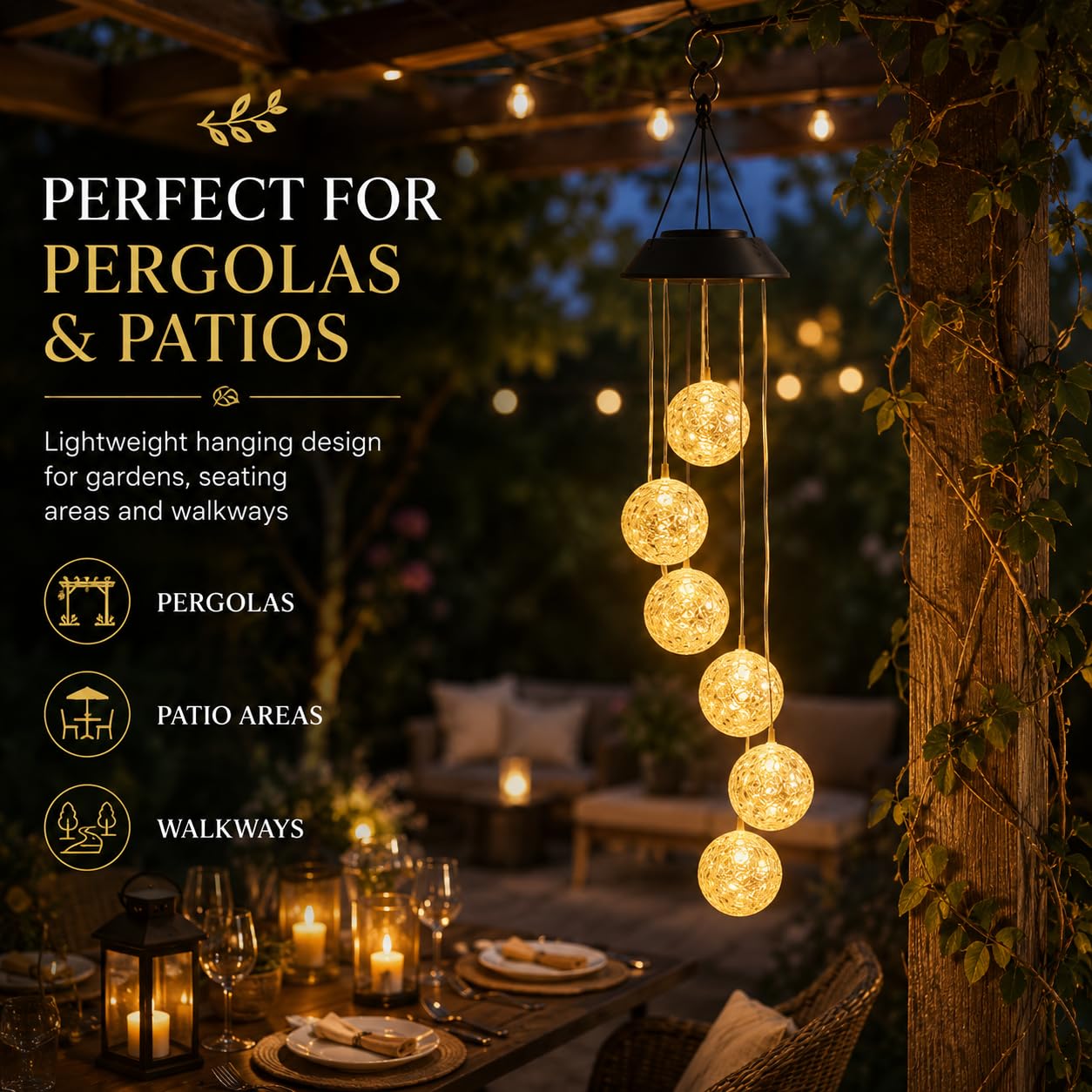 Festive Lights 73cm Solar LED Windspiel Kugeln warmweiß solarbetriebene Outdoor Laterne zum Aufhängen hängend Solar Gartenleuchten für Außen Gartenbeleuchtung draussen Windspiele für Draußen