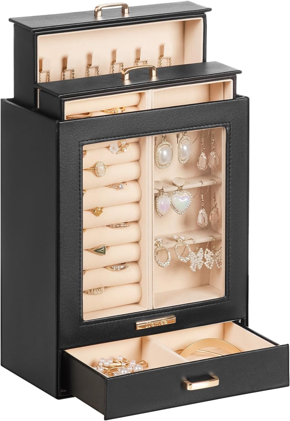 Homde Jewelry Organizer Girls Women Jewelry Box for Necklaces Rings Earrings Gift Bracelets Storage Case (Black + Gold)