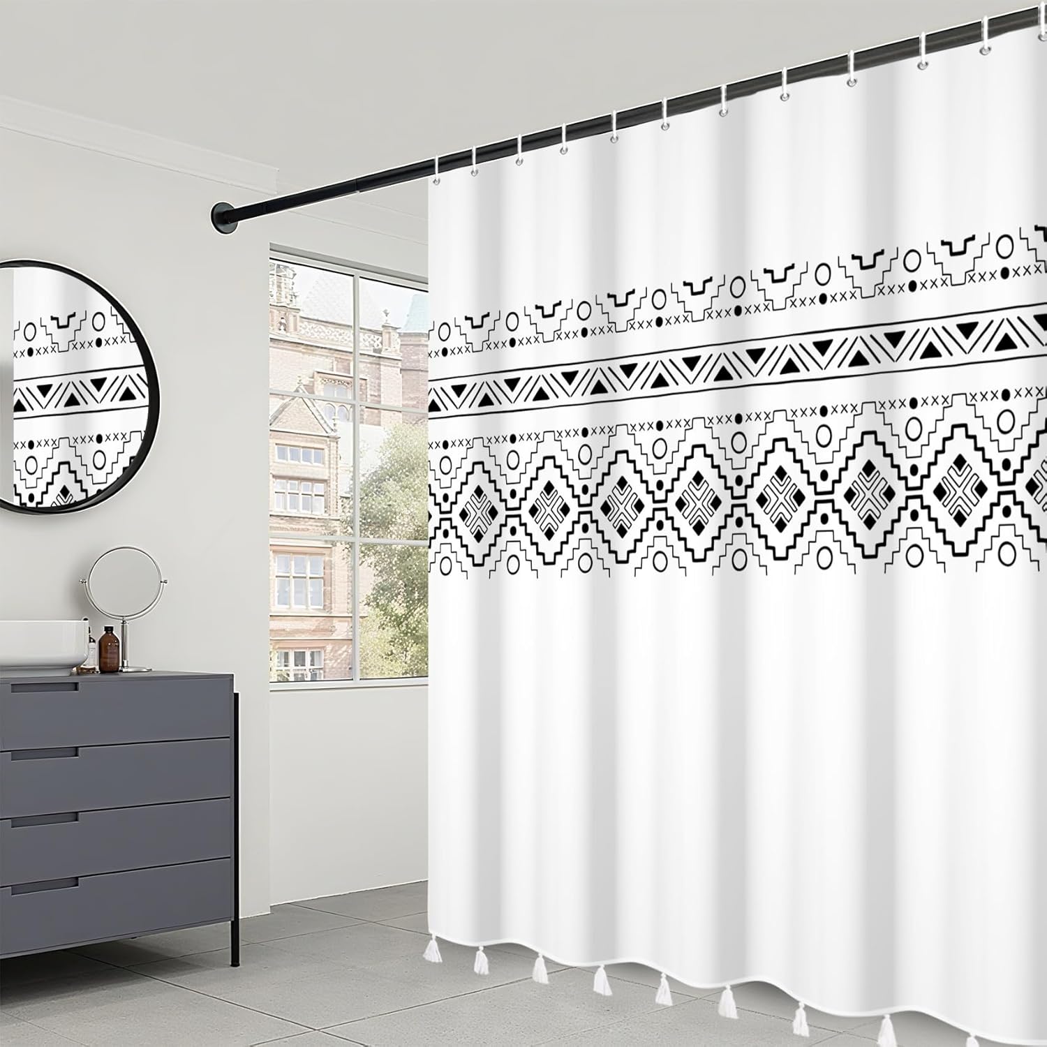 Black and White Polyester Shower Curtain Geometric Stripes Fabric Shower Curtain Set with Hooks, Boho Western Waterproof Shower Curtains for Bathroom 72x72 Inch