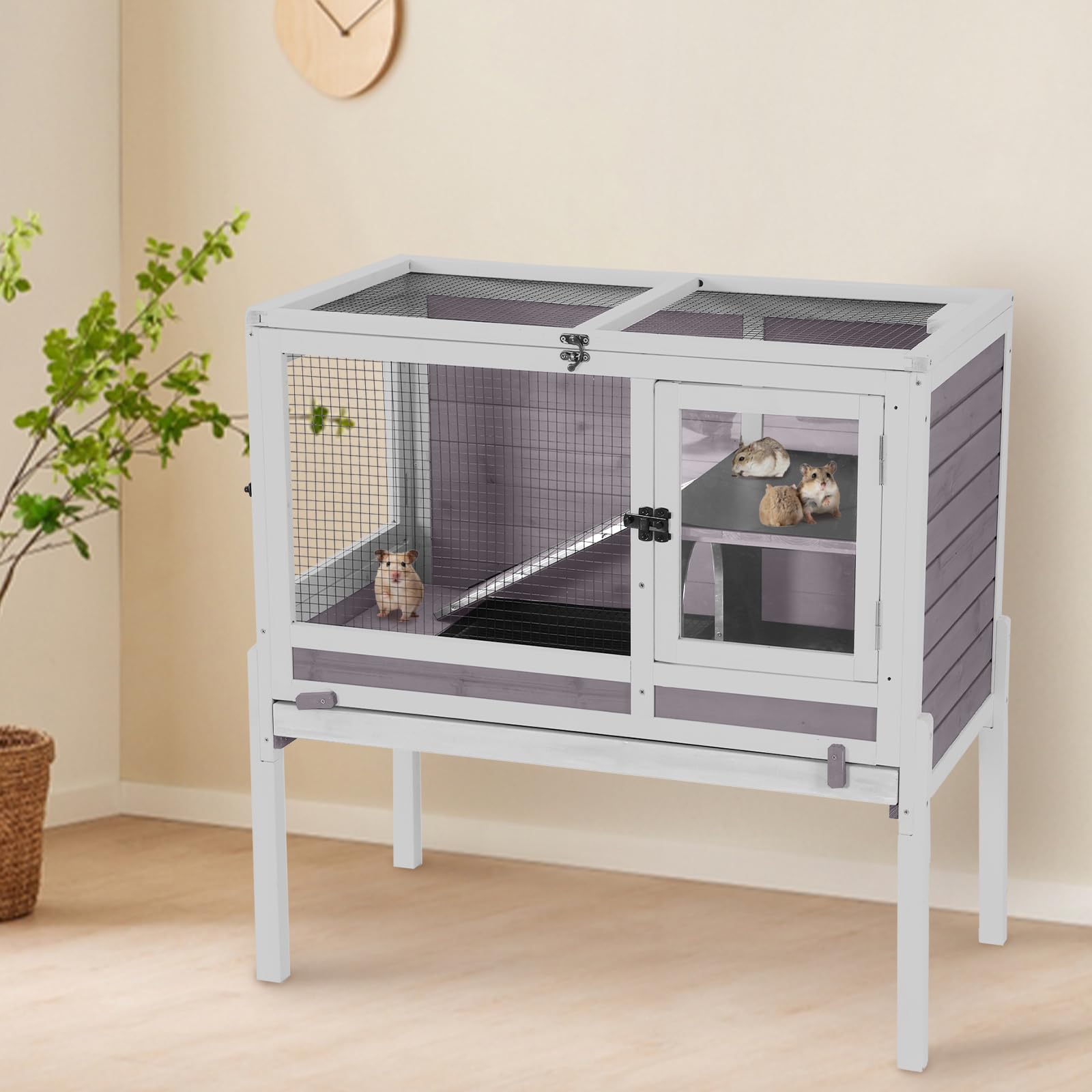 AIVITUVIN Wooden Guinea Pig Cage Indoor with Anti-Chewing Edges, Two-Story Rabbit Hutch with Pull Out Tray, Bunny Cage with Raised Stand and Wire Mesh