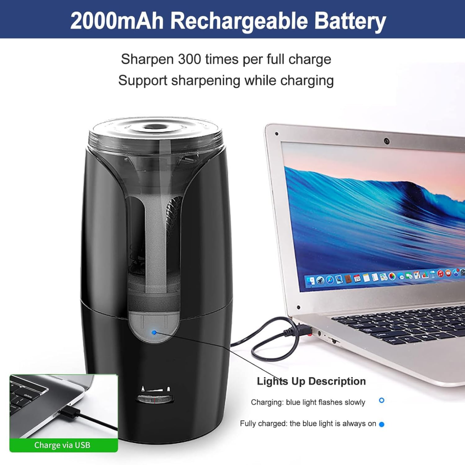 Elektrischer Bleistiftspitzer für Kinder, USB wiederaufladbarer Anspitzer mit Behälter, tragbar und sicher für Bleistifte und Buntstifte 6-12 mm Schule/Zuhause/Büro/Studio (Black)