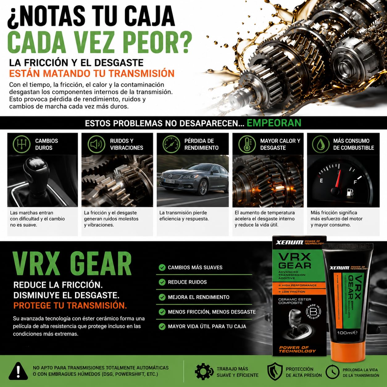 Xenum VRX Gear Aditivo Cerámico para Aceite de Transmisión 100 ml | Reduce Fricción, Ruido y Desgaste | Cambios Más Suaves | Para Cajas Manuales, Auxiliares y Diferenciales