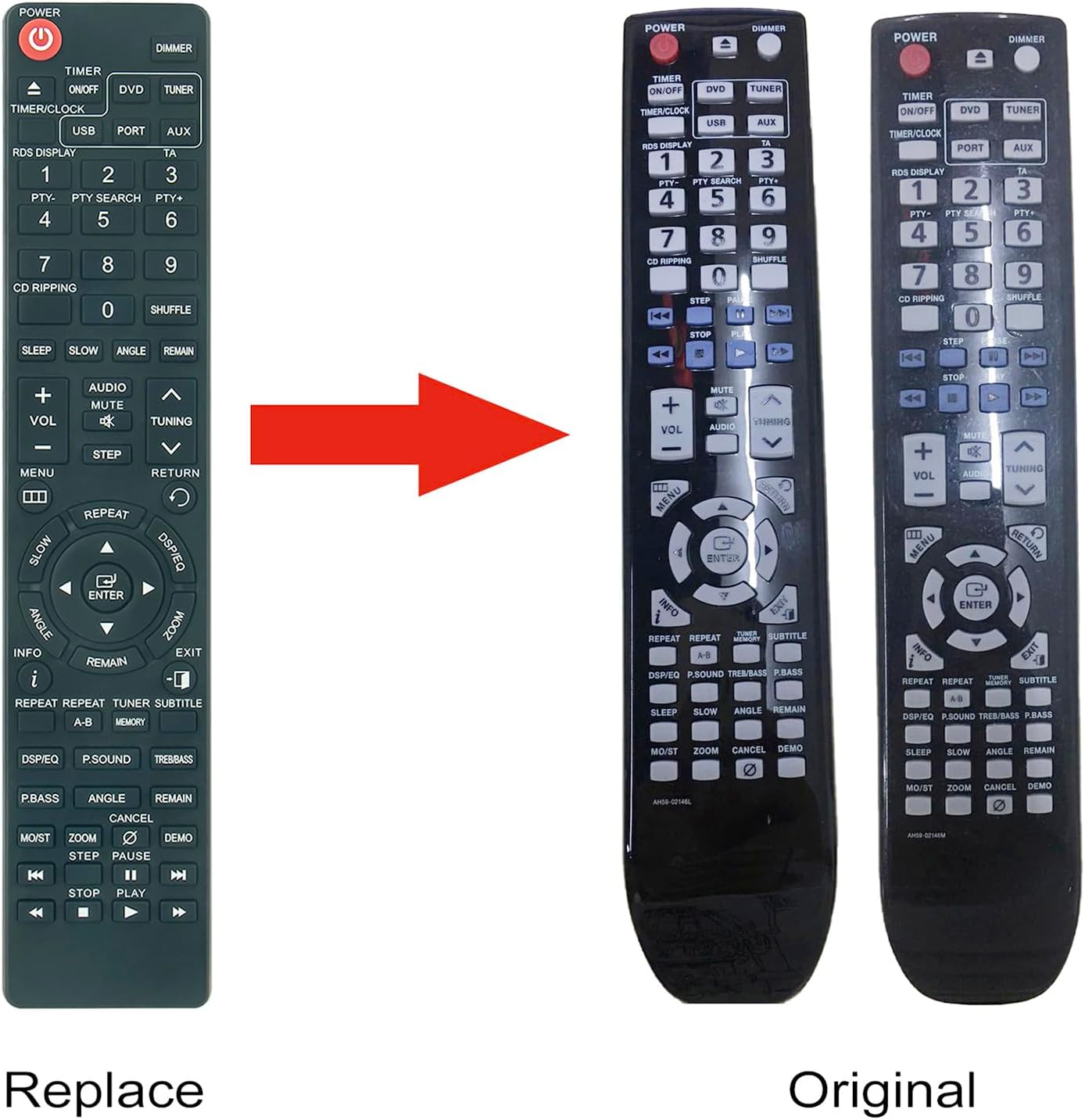 Comparison image showing the ALLIMITY replacement remote control next to an original Samsung remote control, highlighting their similar appearance.