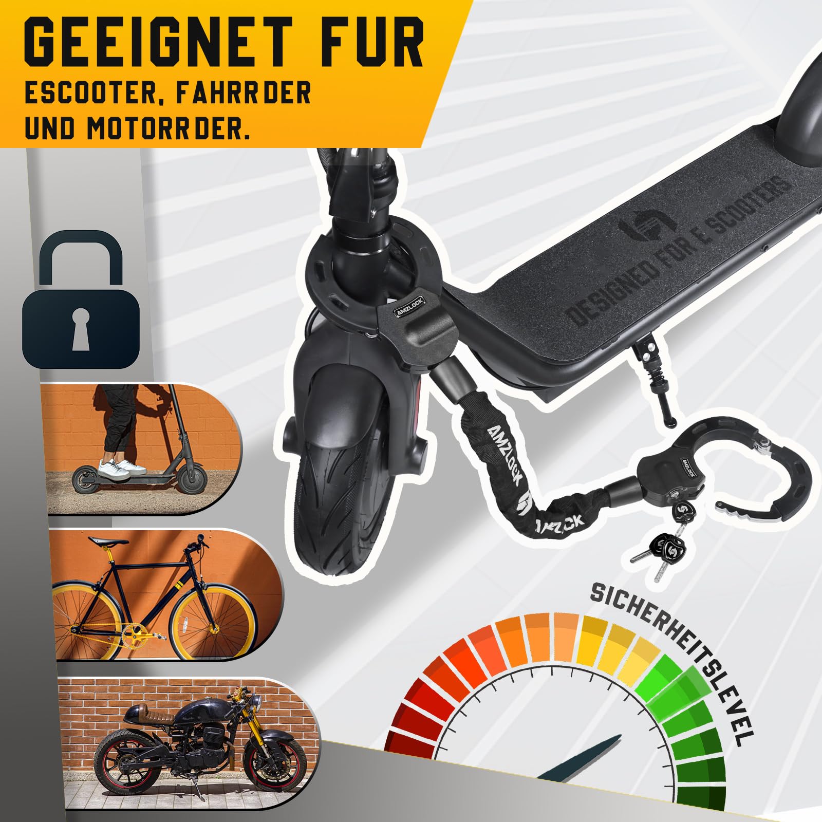 Antivol Trotinette Electrique, Cadenas Antivol Trottinette Hautement Sécurisé, Menotte Antivol avec Chaîne Robuste de 8MM, Cadenas Velo avec Clé et Sac Étanche